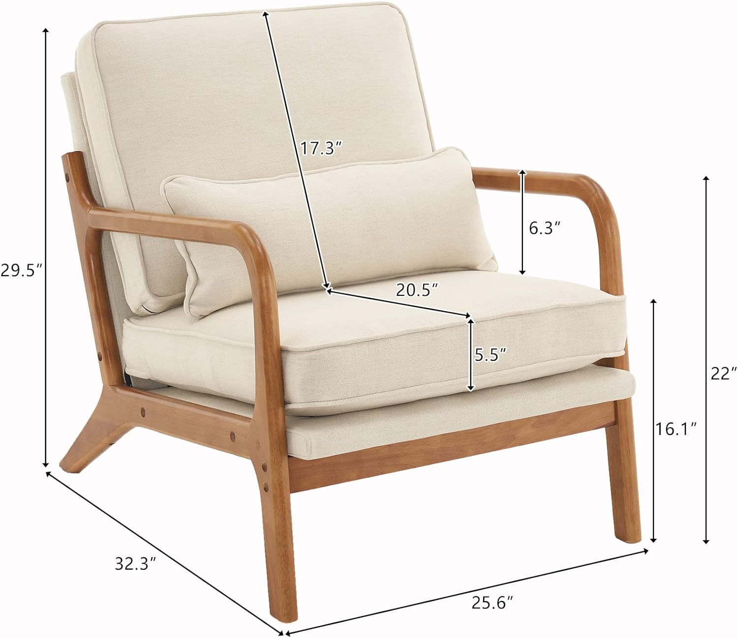 Accent Chair Mid-Century Modern Chair with Pillow Upholstered Lounge Arm Chair with Solid Wood Frame & Soft Cushion for Living Room, Bedroom, Balcony, Linen Beige (Low Back)