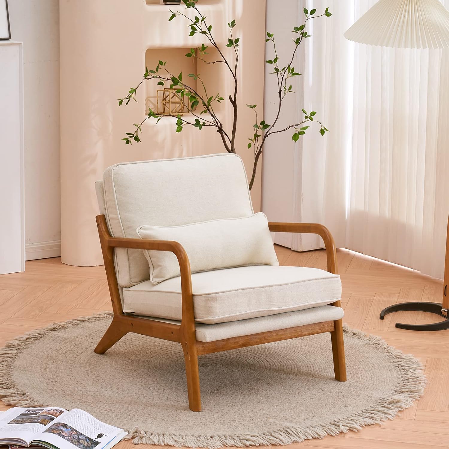Accent Chair Mid-Century Modern Chair with Pillow Upholstered Lounge Arm Chair with Solid Wood Frame & Soft Cushion for Living Room, Bedroom, Balcony, Linen Beige (Low Back)