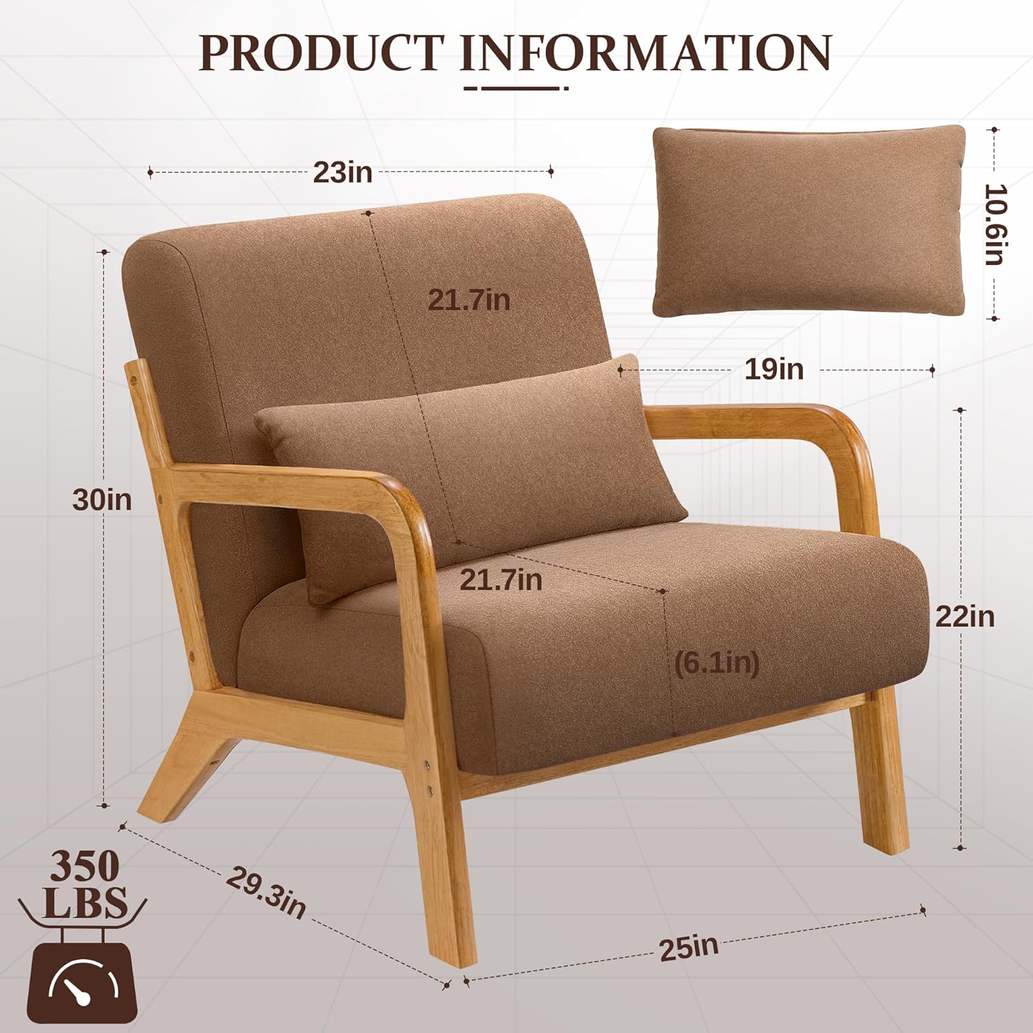 Accent Chair Mid-Century Modern Arm Chair with Lumbar Pillow,Solid Wood Frame and Soft Cushion Home Decorative Chair for Living Room, Reading, Bedroom, Balcony (Coffee Brown)