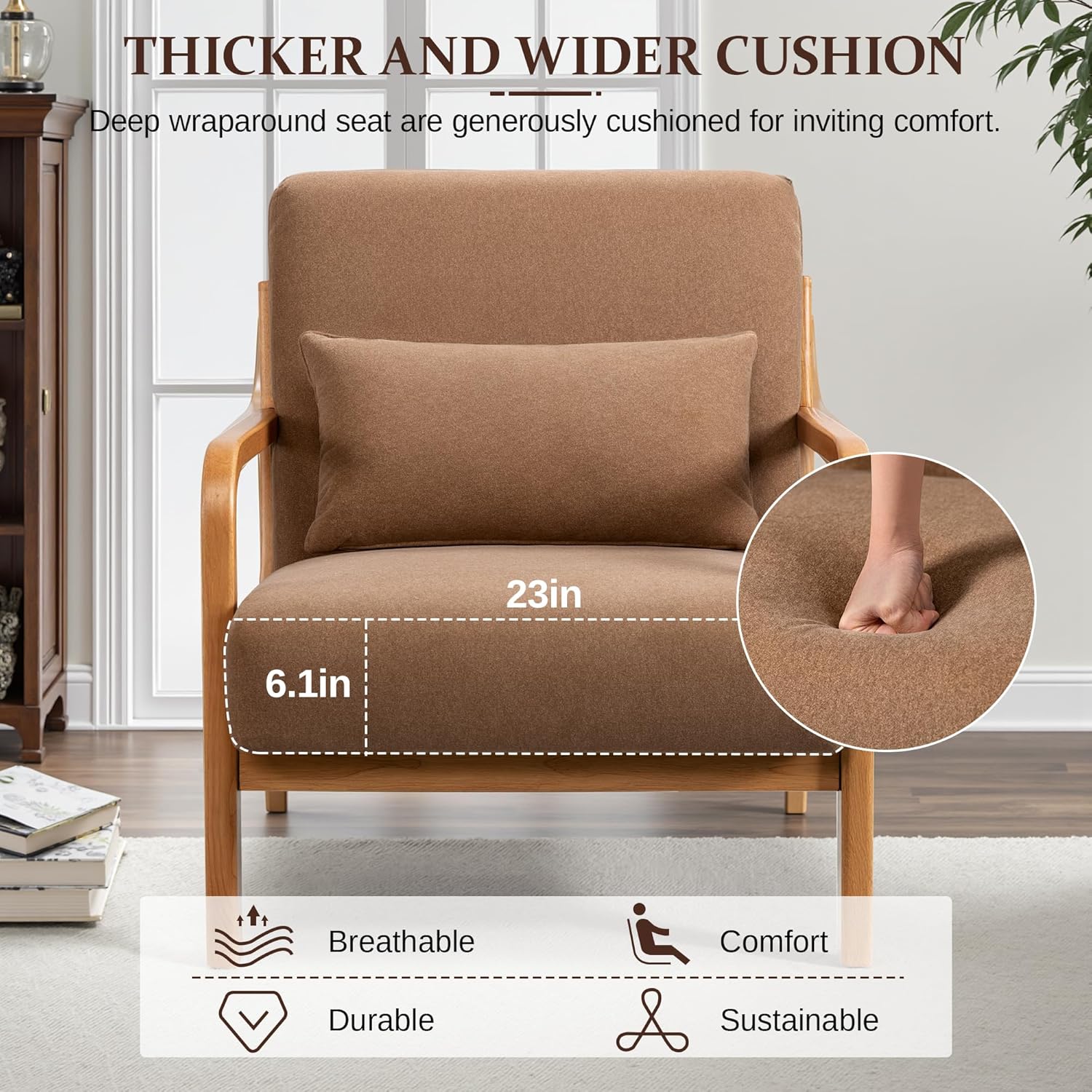 Accent Chair Mid-Century Modern Arm Chair with Lumbar Pillow,Solid Wood Frame and Soft Cushion Home Decorative Chair for Living Room, Reading, Bedroom, Balcony (Coffee Brown)
