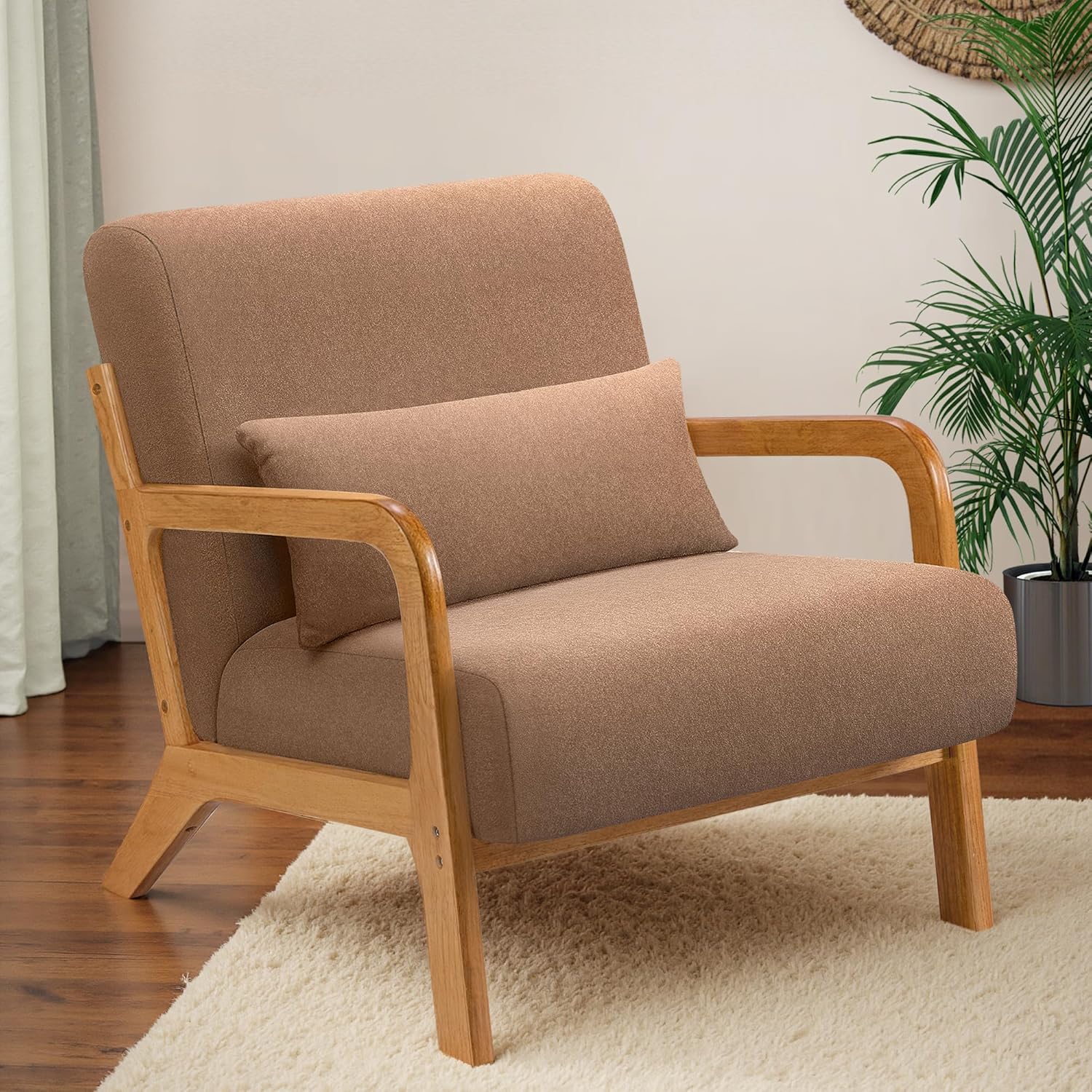Accent Chair Mid-Century Modern Arm Chair with Lumbar Pillow,Solid Wood Frame and Soft Cushion Home Decorative Chair for Living Room, Reading, Bedroom, Balcony (Coffee Brown)