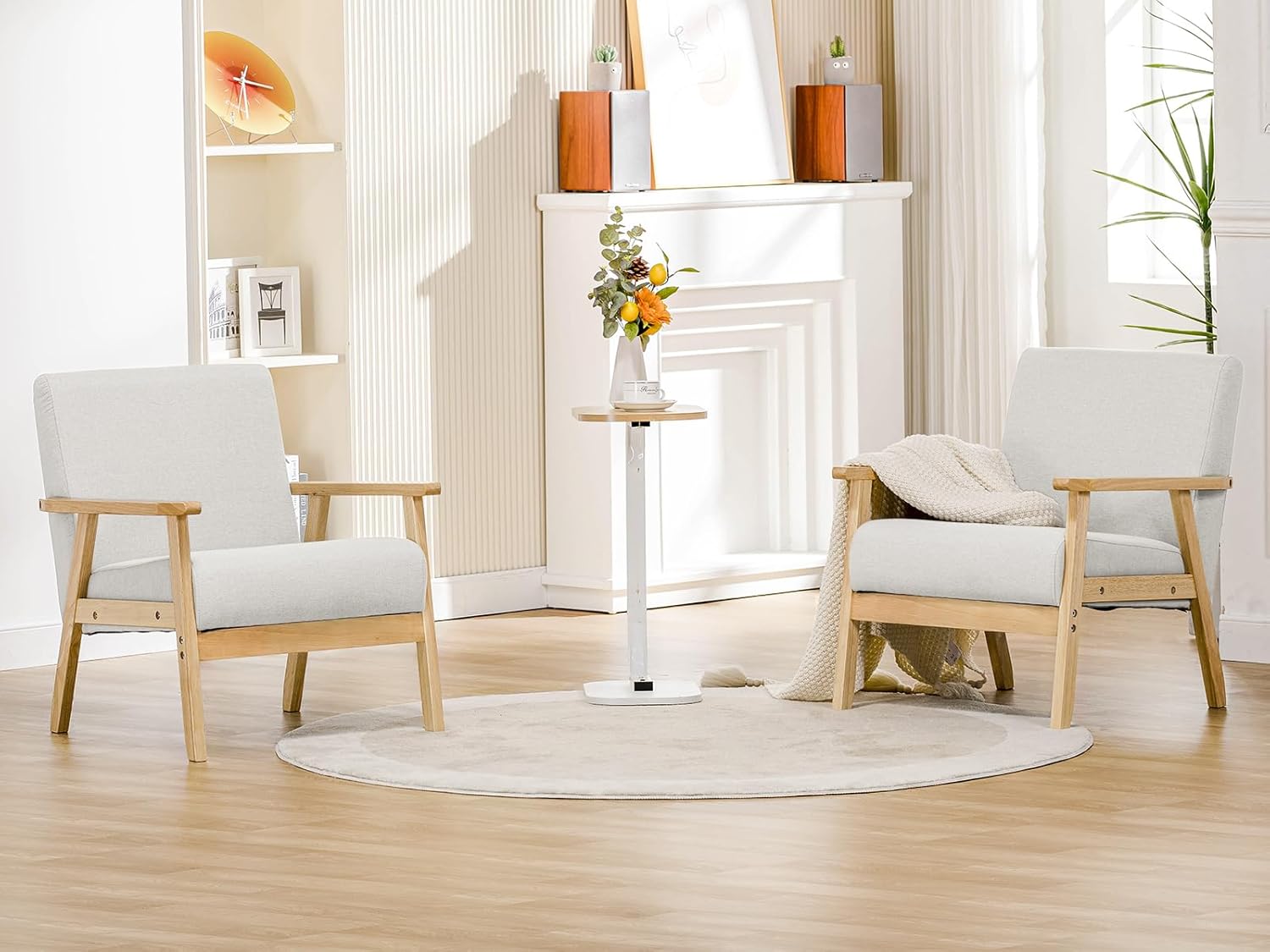 Mid Century Modern Accent Chair, Upholstered Living Room Chairs with Solid Wood Armrest, Comfy Reading Armchair for Bedroom, Sunroom, Balcony (Straight Armrests, Beige)