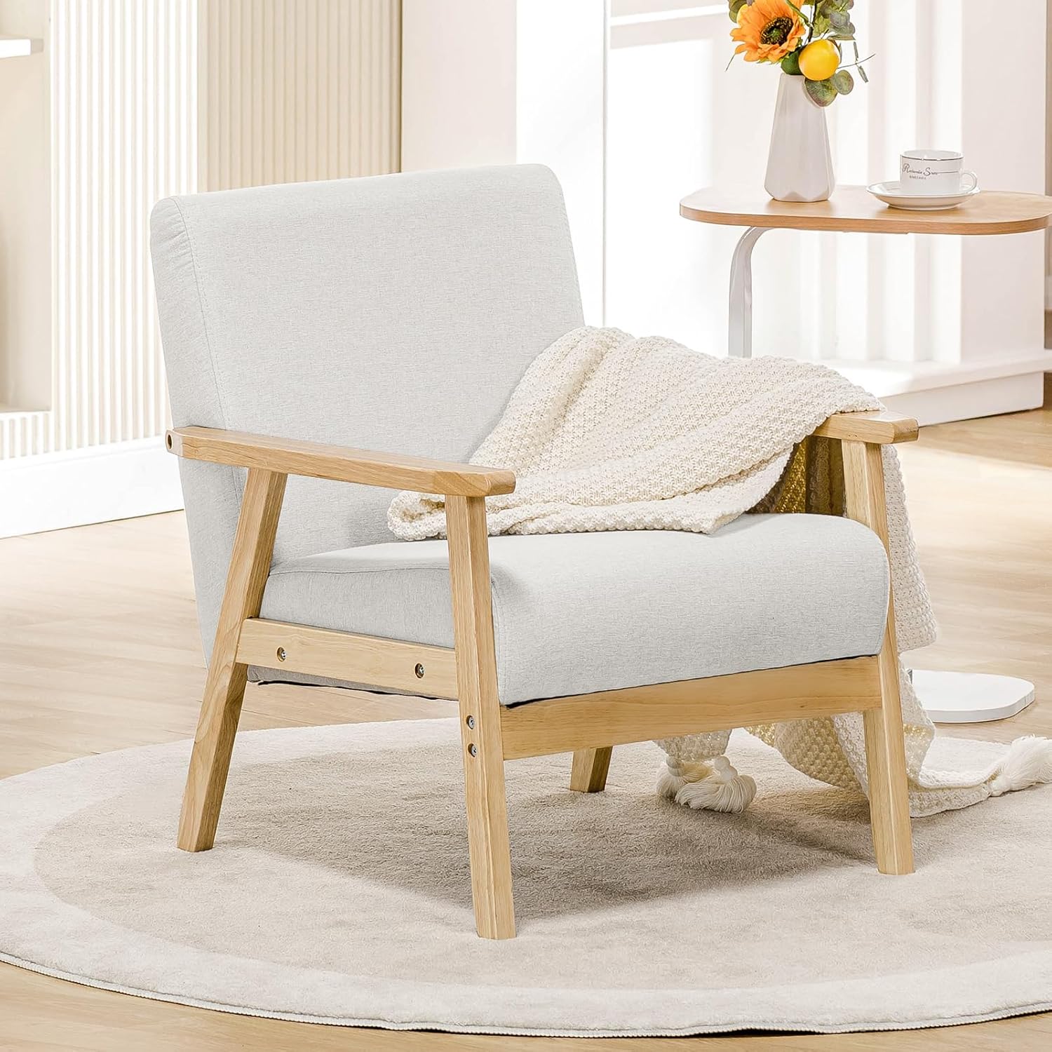 Mid Century Modern Accent Chair, Upholstered Living Room Chairs with Solid Wood Armrest, Comfy Reading Armchair for Bedroom, Sunroom, Balcony (Straight Armrests, Beige)