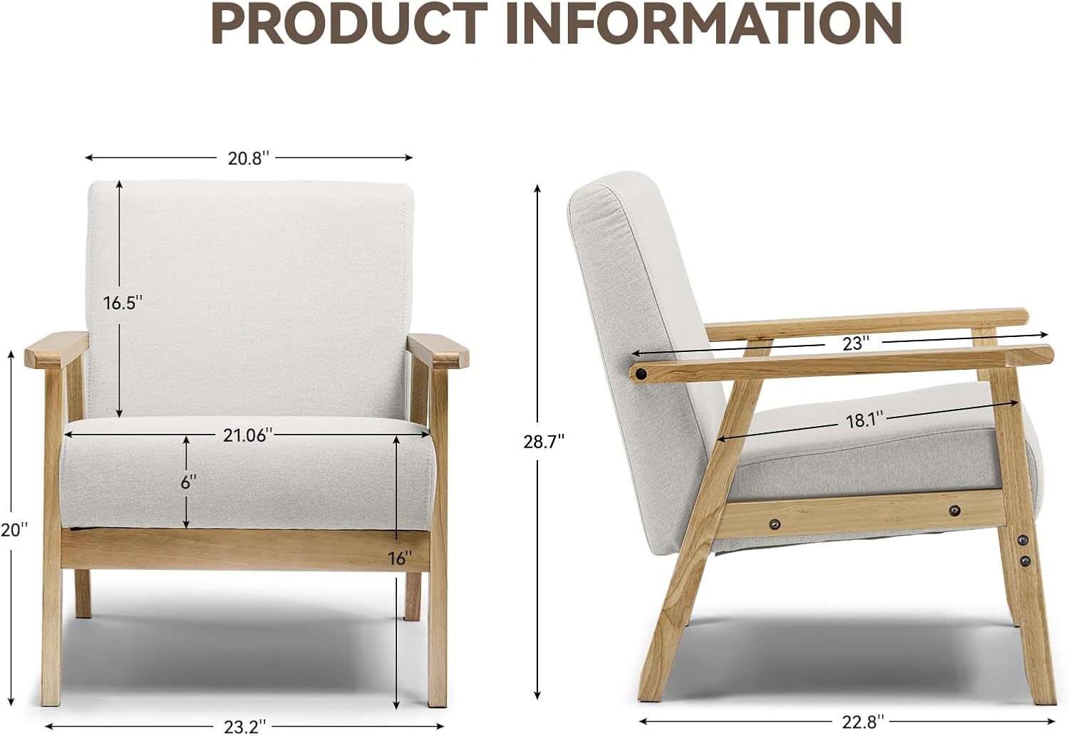 Mid Century Modern Accent Chair, Upholstered Living Room Chairs with Solid Wood Armrest, Comfy Reading Armchair for Bedroom, Sunroom, Balcony (Straight Armrests, Beige)