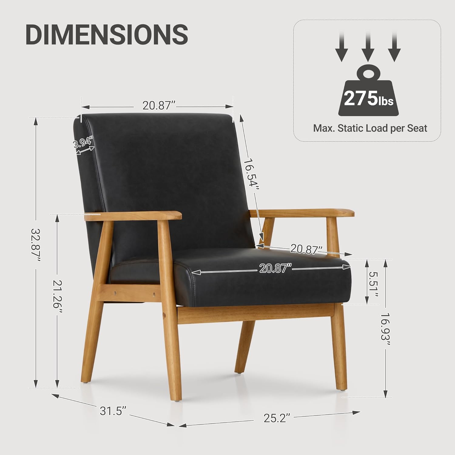 PU Leather Accent Chair for Living Room, Mid Century Modern Relaxing Armchair with Solid Wood Frame & Soft Cushion, Reading Leisure Chair with High Back（Black