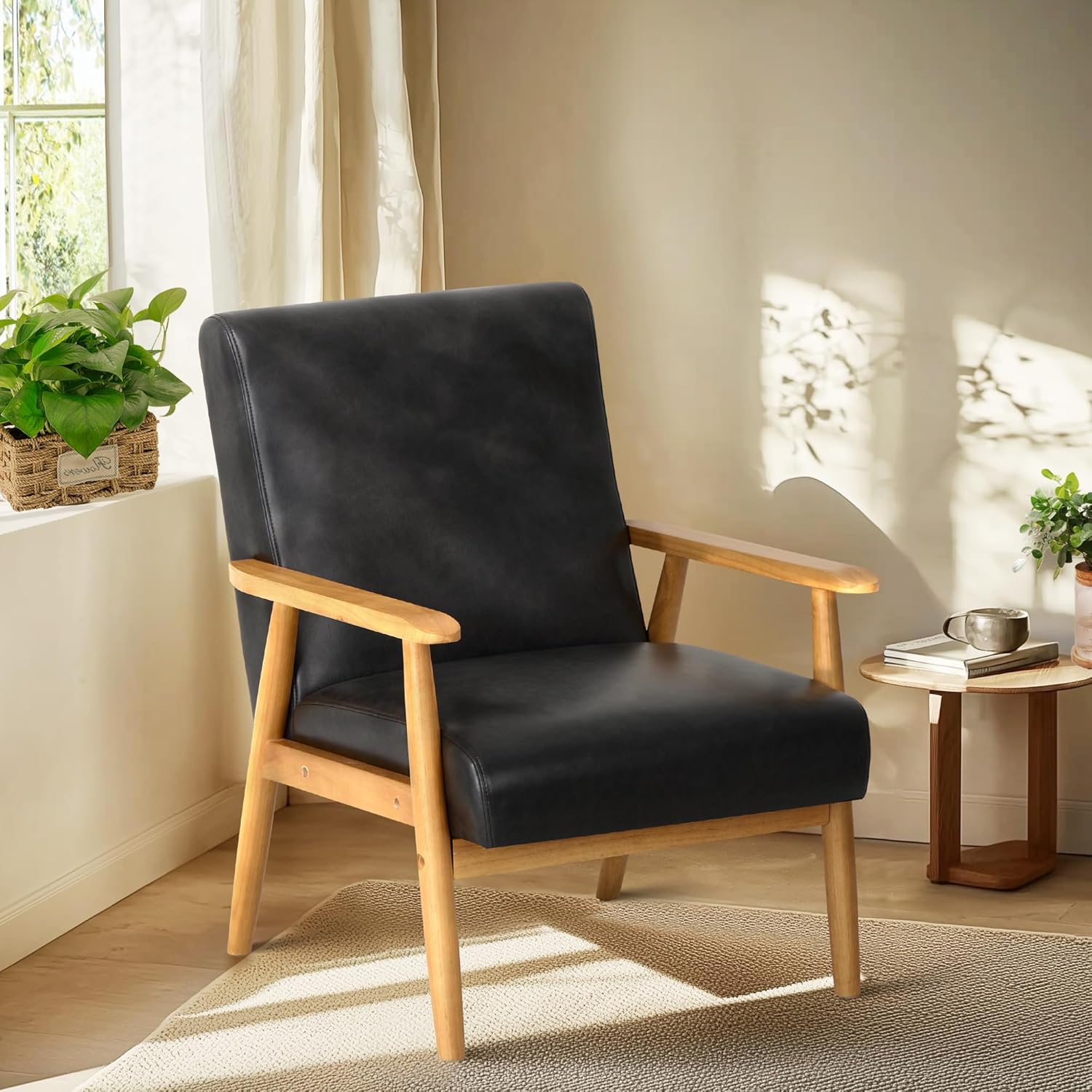 PU Leather Accent Chair for Living Room, Mid Century Modern Relaxing Armchair with Solid Wood Frame & Soft Cushion, Reading Leisure Chair with High Back（Black