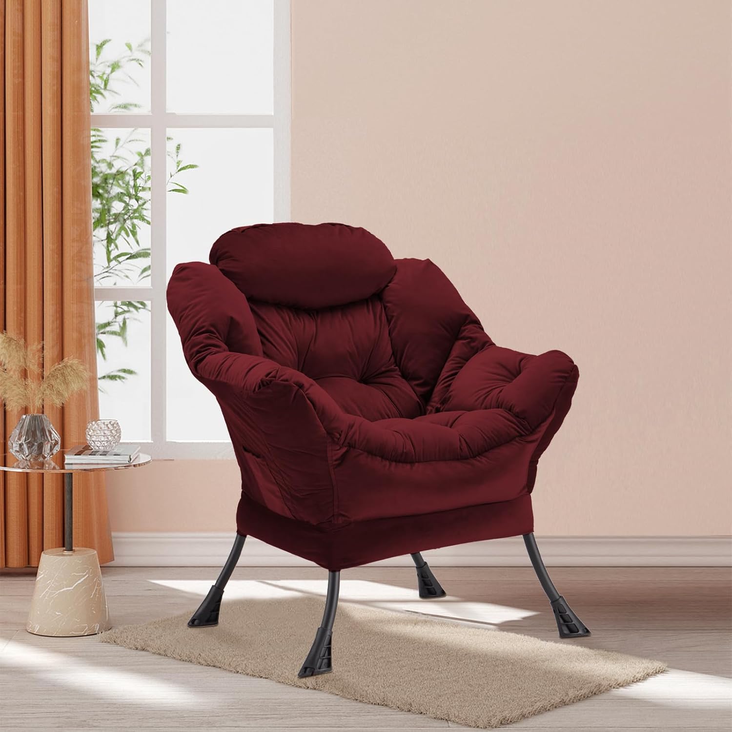 Lazy Chair Thick Padded, Accent Chair Velvet Upholstered with Wide Seat, Stable Metal Frame and Non-Slip Pad, Modern Sofa Armchair with Side Storage Bag for Dorm, Room, Office, Burgundy