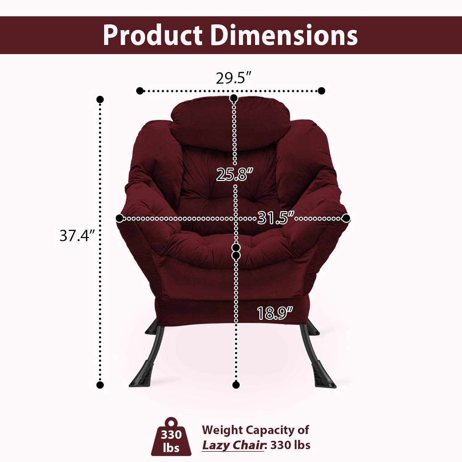 Lazy Chair Thick Padded, Accent Chair Velvet Upholstered with Wide Seat, Stable Metal Frame and Non-Slip Pad, Modern Sofa Armchair with Side Storage Bag for Dorm, Room, Office, Burgundy