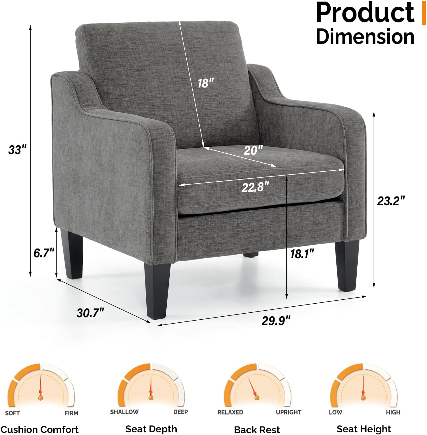 Accent Chairs for Living Room Chairs Reading Chair Mid Century Modern Chair Soft Chenille Sofa Chair Upholstered Arm Chair Comfy Chair Side Chair (Light Grey Chenille)