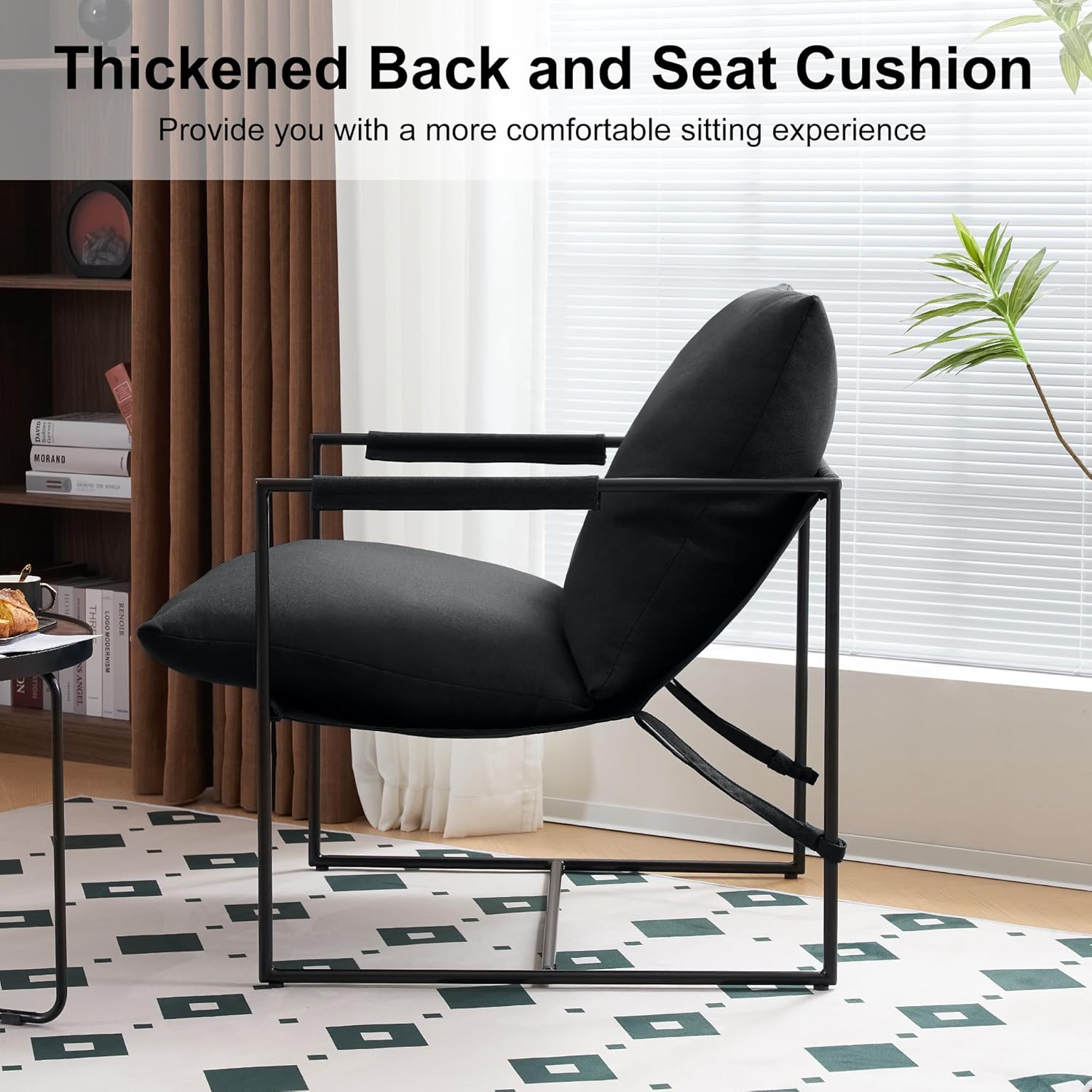 Mid Century Modern Accent Chair, Metal Framed Armchair, Sling Accent Chair with Microfiber Fabric Upholstery for Living Room Bedroom Home Office, Minimalist Style(Black)