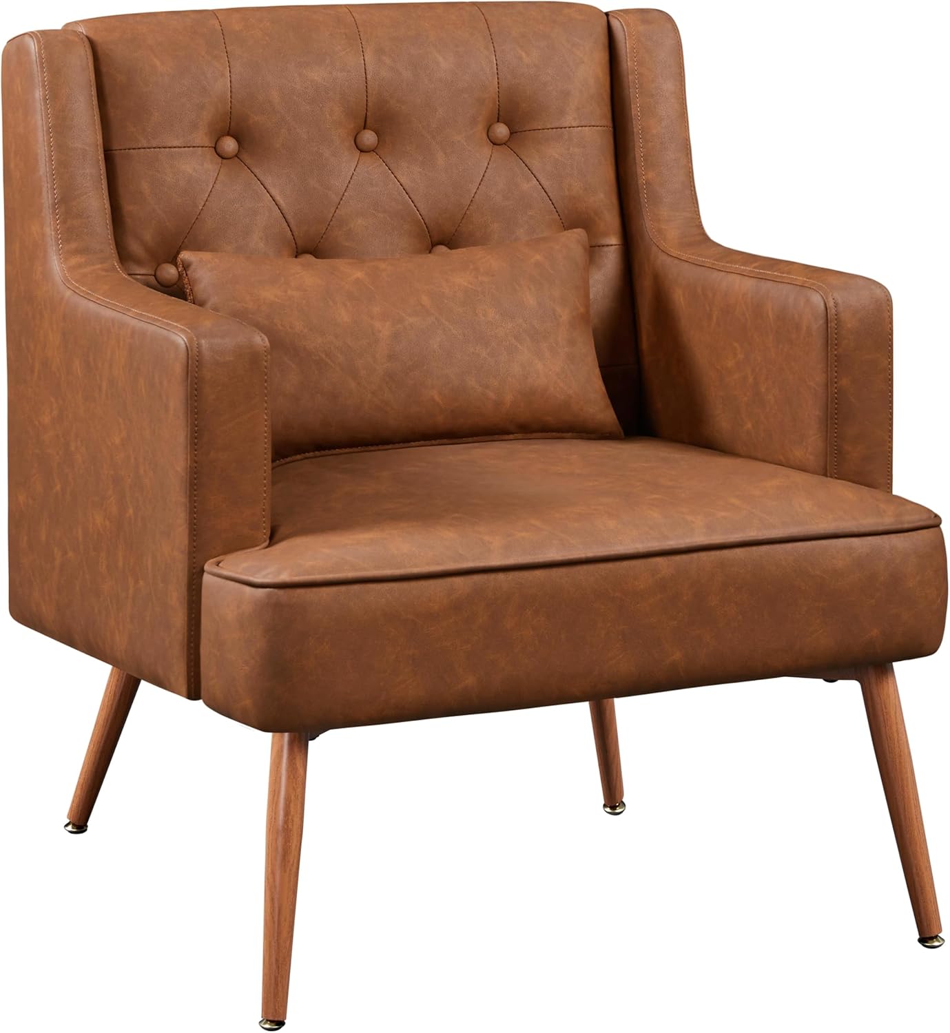Accent Chair, Living Room Chair Mid Century PU Leather Armchair Lumbar Pillow, Comfy Upholstered Reading Chair Wood Leg Bedroom Lounge Brown