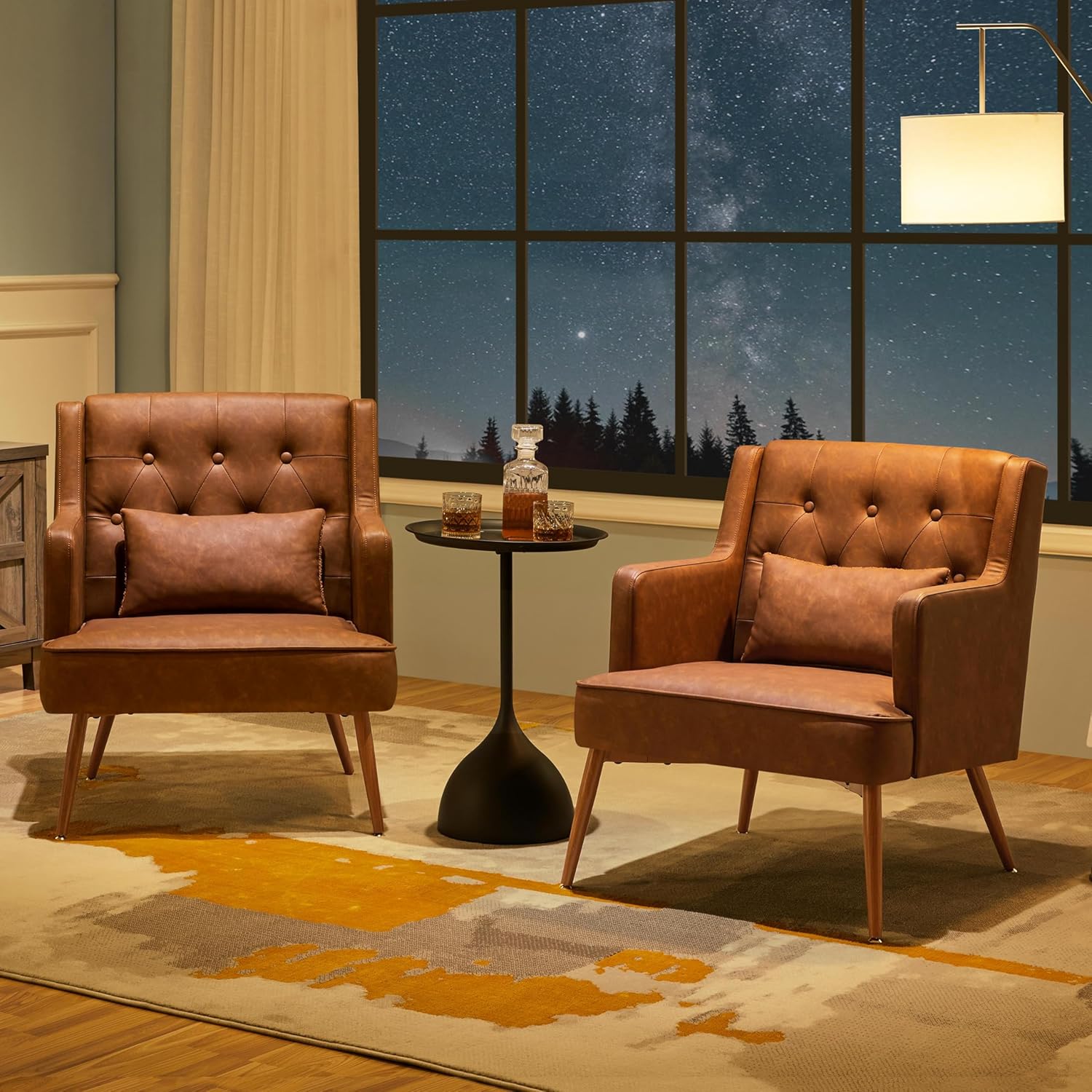 Accent Chair, Living Room Chair Mid Century PU Leather Armchair Lumbar Pillow, Comfy Upholstered Reading Chair Wood Leg Bedroom Lounge Brown