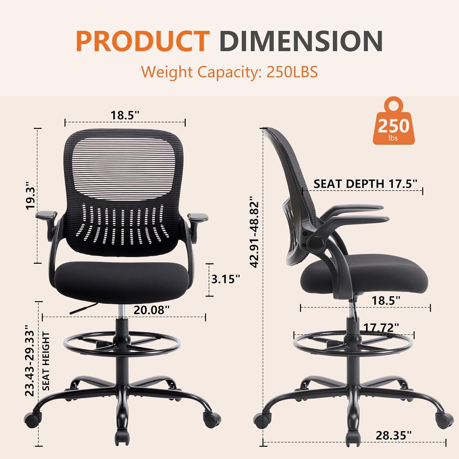 Tall Drafting Desk Chair - Ergonomic High Stool Computer with Adjustable Height and Comfy Lumbar Support, Office Rolling Counter with Flip-up Arm and Footrest, Black