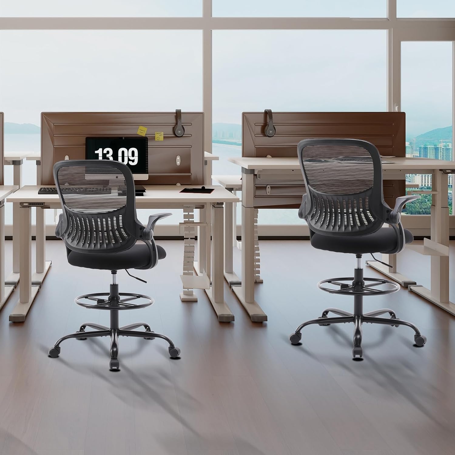 Tall Drafting Desk Chair - Ergonomic High Stool Computer with Adjustable Height and Comfy Lumbar Support, Office Rolling Counter with Flip-up Arm and Footrest, Black