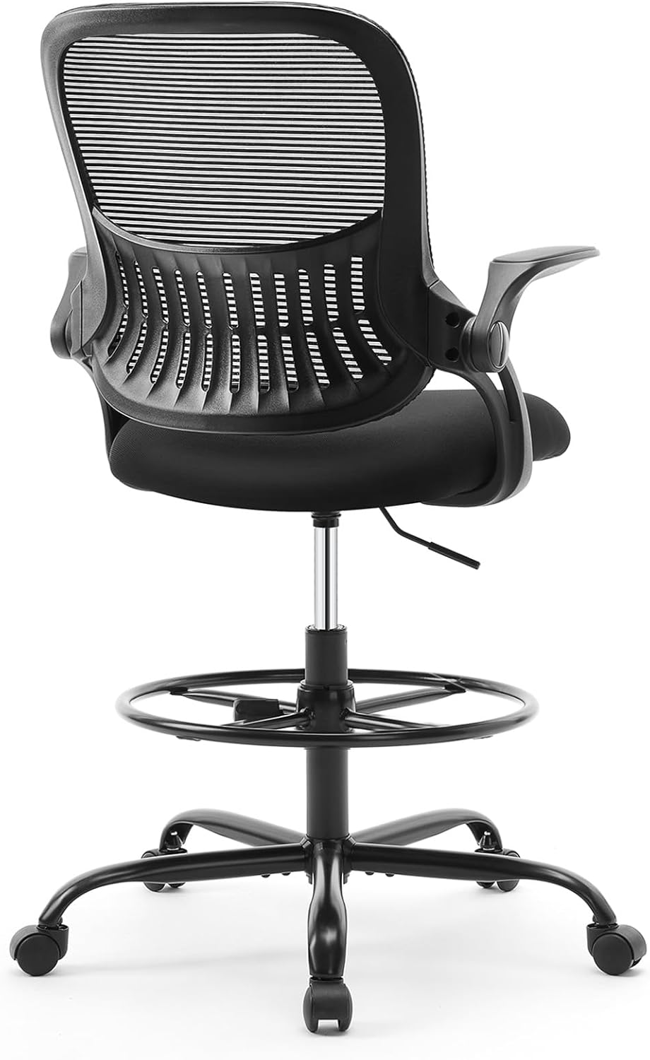 Tall Drafting Desk Chair - Ergonomic High Stool Computer with Adjustable Height and Comfy Lumbar Support, Office Rolling Counter with Flip-up Arm and Footrest, Black