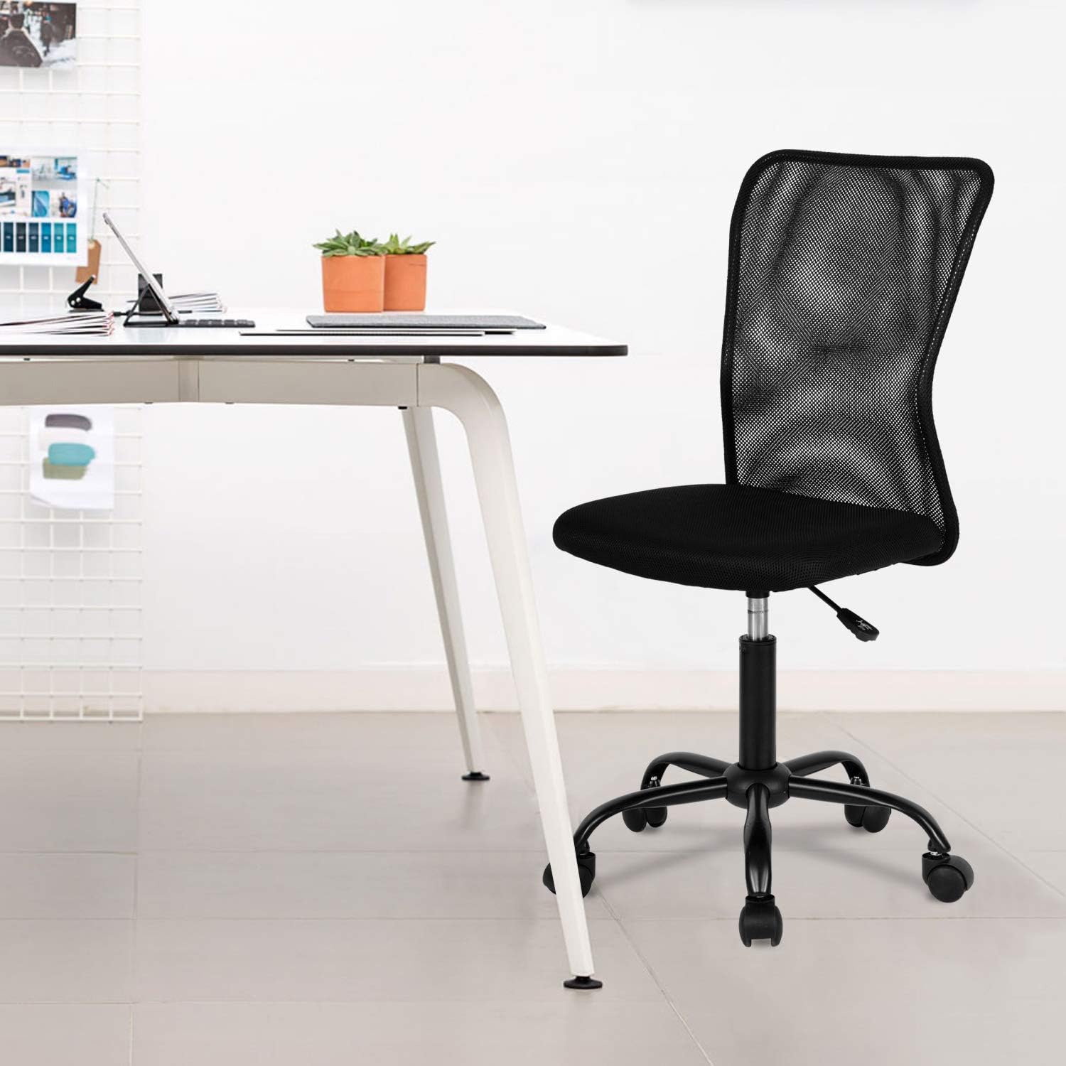 Home Office Chair Mid Back Mesh Desk Chair Armless Computer Chair Ergonomic Task Rolling Swivel Chair Back Support Adjustable Modern Chair with Lumbar Support (Black)