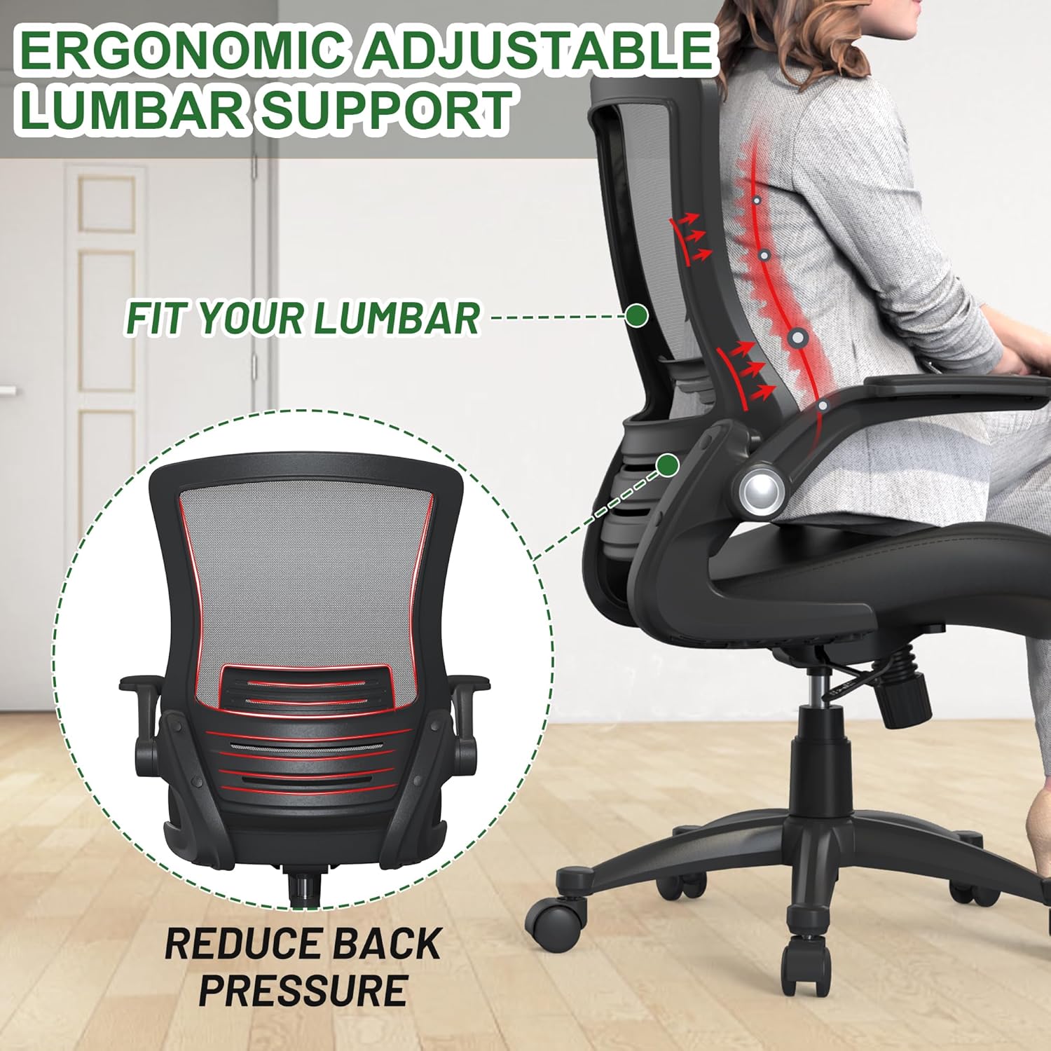 Adjustable Desk Computer Task Home Office Chair Lumbar Support with Flip up Arms for Student Adult