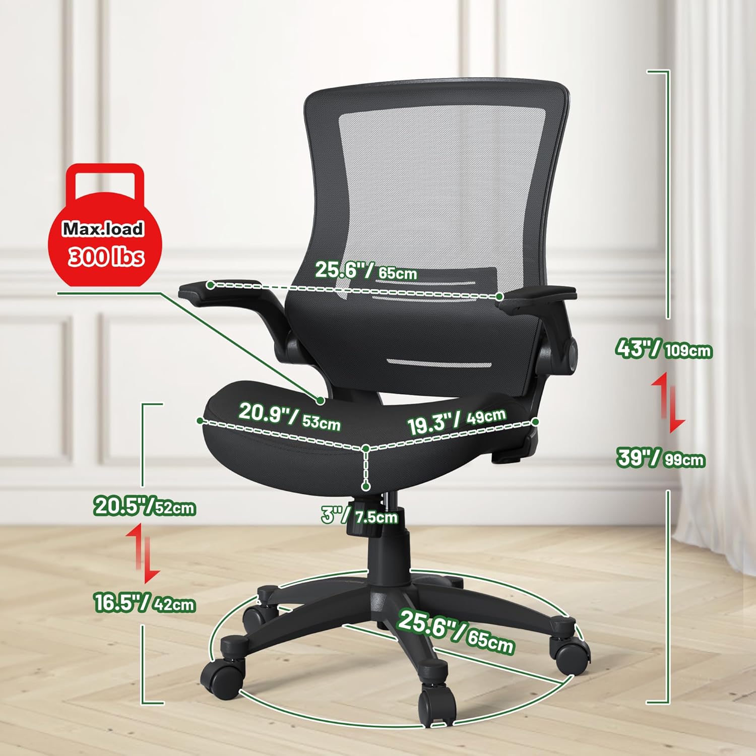 Adjustable Desk Computer Task Home Office Chair Lumbar Support with Flip up Arms for Student Adult