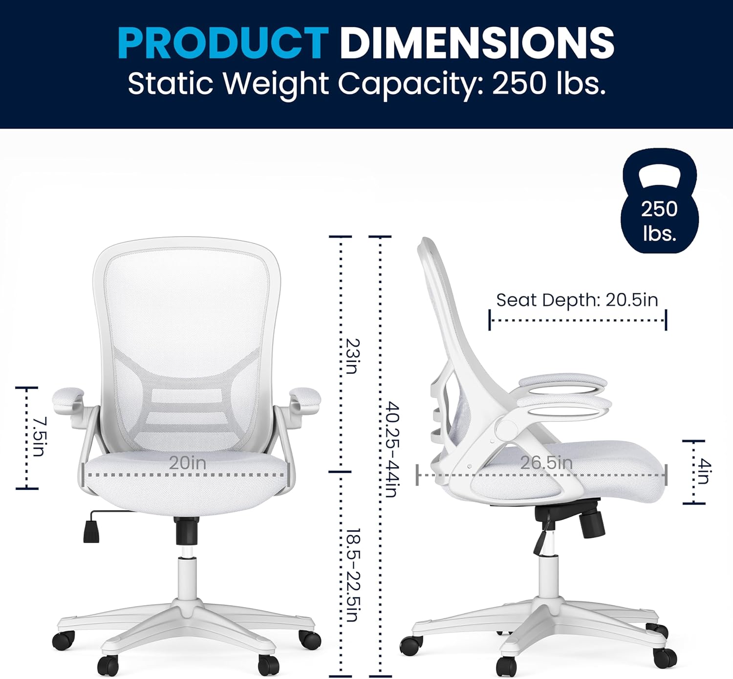Porter High-Back Swivel Office Chair with Adjustable Lumbar Support and Height, Ergonomic Mesh Desk Chair with Flip-Up Armrests, White