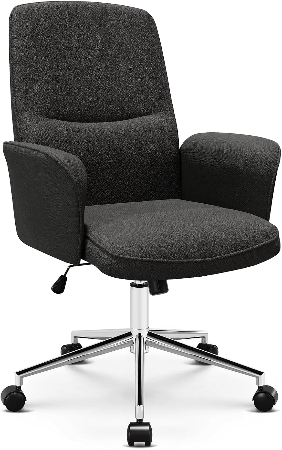 Comfy Office Desk, Upholstered Fabric Computer Desk, Criss Cross with Wheels and Armrests, Swivel Adjustable Vanity for Home, Makeup, Office, Bedroom, Darkgrey