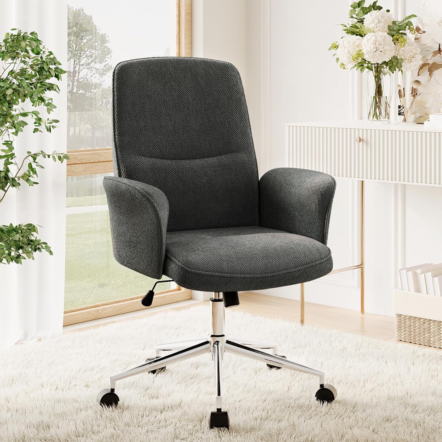 Comfy Office Desk, Upholstered Fabric Computer Desk, Criss Cross with Wheels and Armrests, Swivel Adjustable Vanity for Home, Makeup, Office, Bedroom, Darkgrey