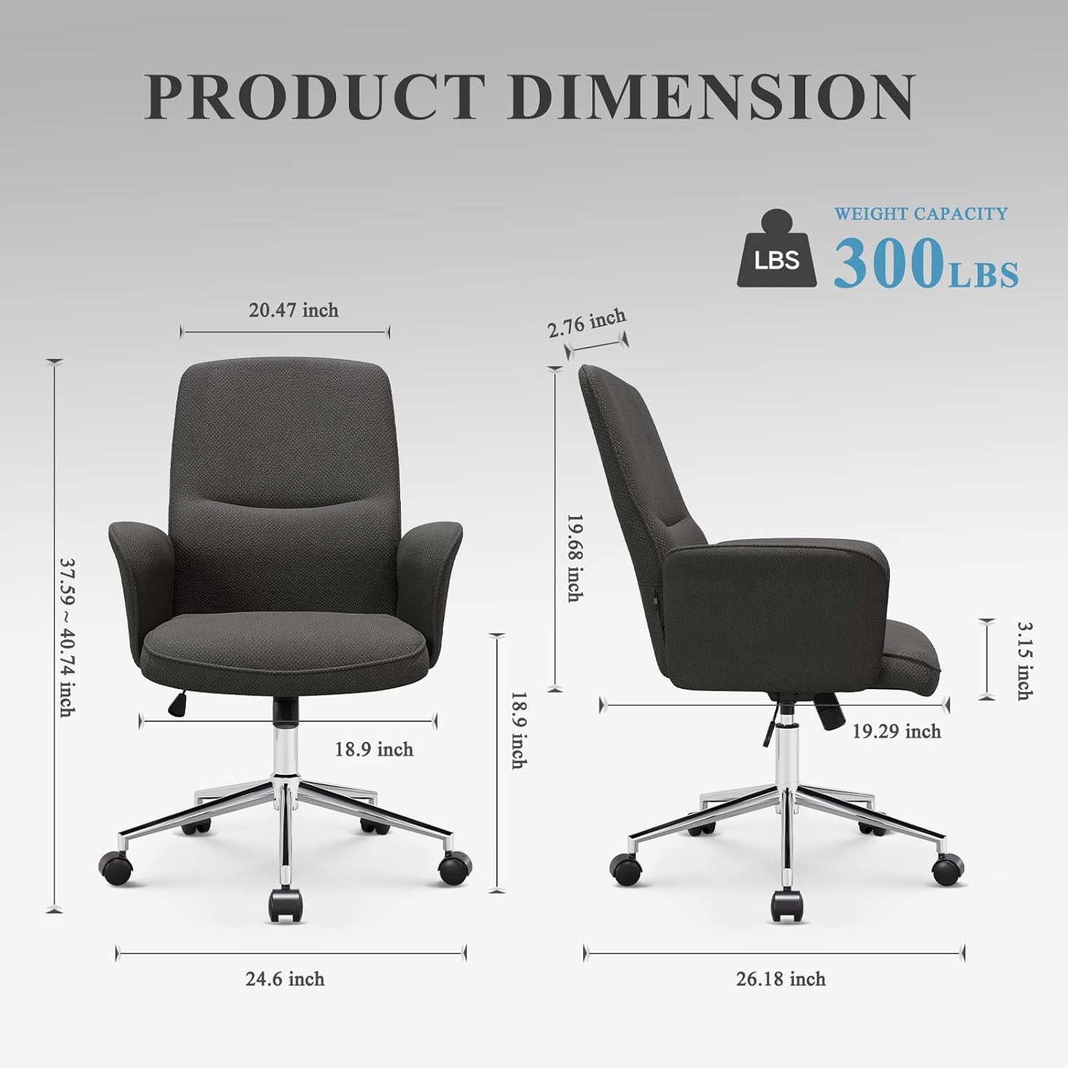 Comfy Office Desk, Upholstered Fabric Computer Desk, Criss Cross with Wheels and Armrests, Swivel Adjustable Vanity for Home, Makeup, Office, Bedroom, Darkgrey