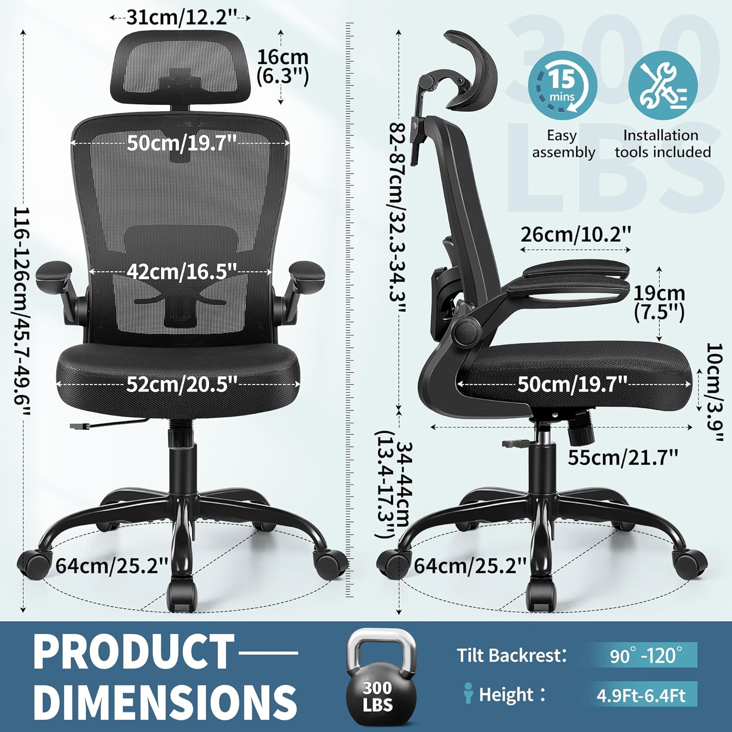 Ergonomic Office Chair, Headrest Desk Chair with Adjustable Lumbar Support, Home Office Swivel Task Chair with High Back and Armrest, Adjustable Height Gaming Chair(Black)