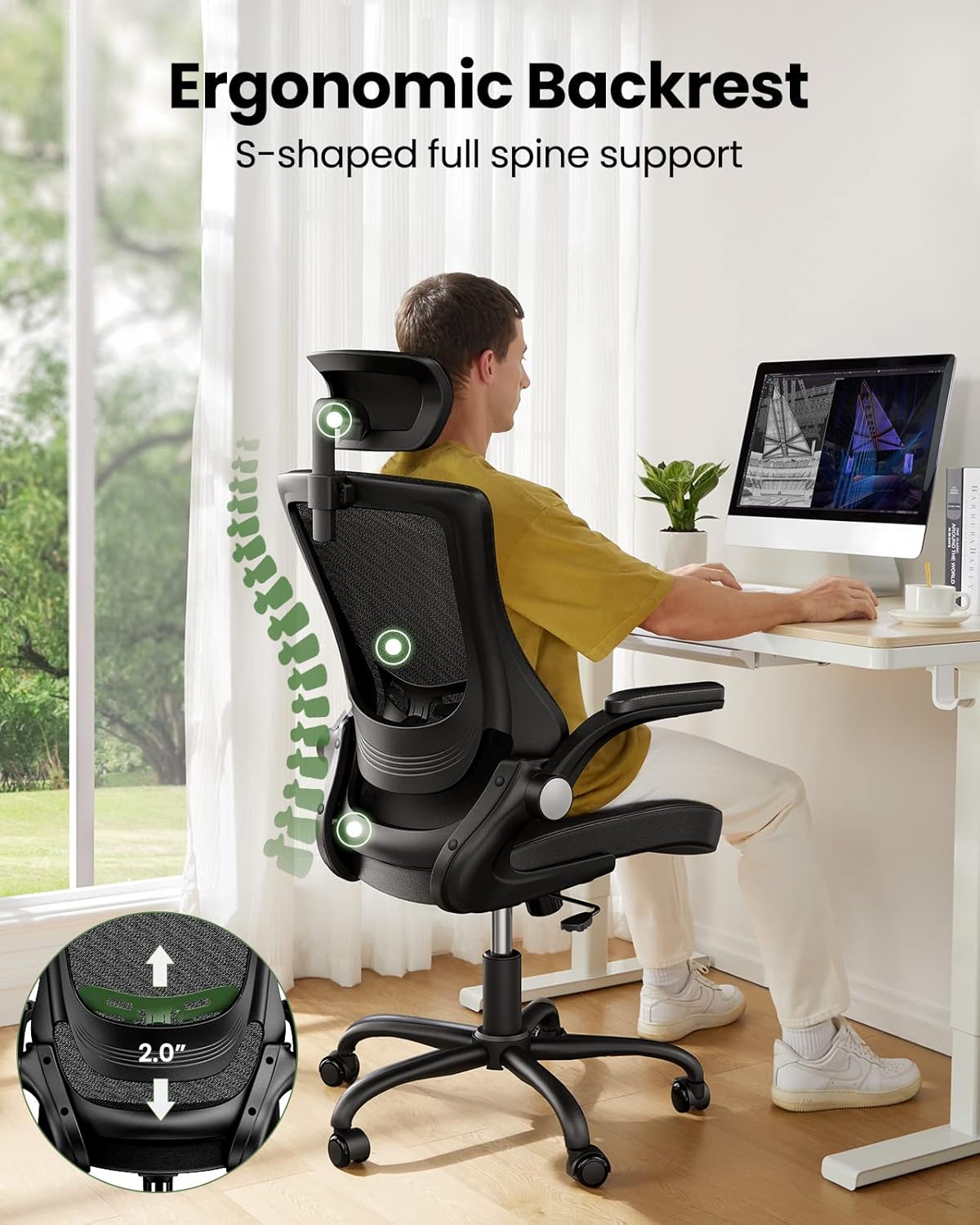 Office Chair Ergonomic Desk Chair, 360°Swivel Mesh Back Wide Computer Chair PU Leather Criss Cross Chair,Adjustable Lumbar Support & Flip-up Armrests,Adjustable Height Executive Task Chair