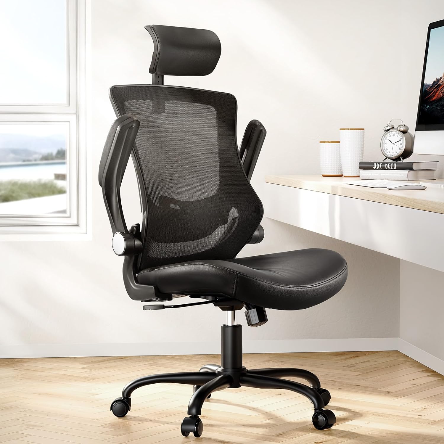 Office Chair Ergonomic Desk Chair, 360°Swivel Mesh Back Wide Computer Chair PU Leather Criss Cross Chair,Adjustable Lumbar Support & Flip-up Armrests,Adjustable Height Executive Task Chair