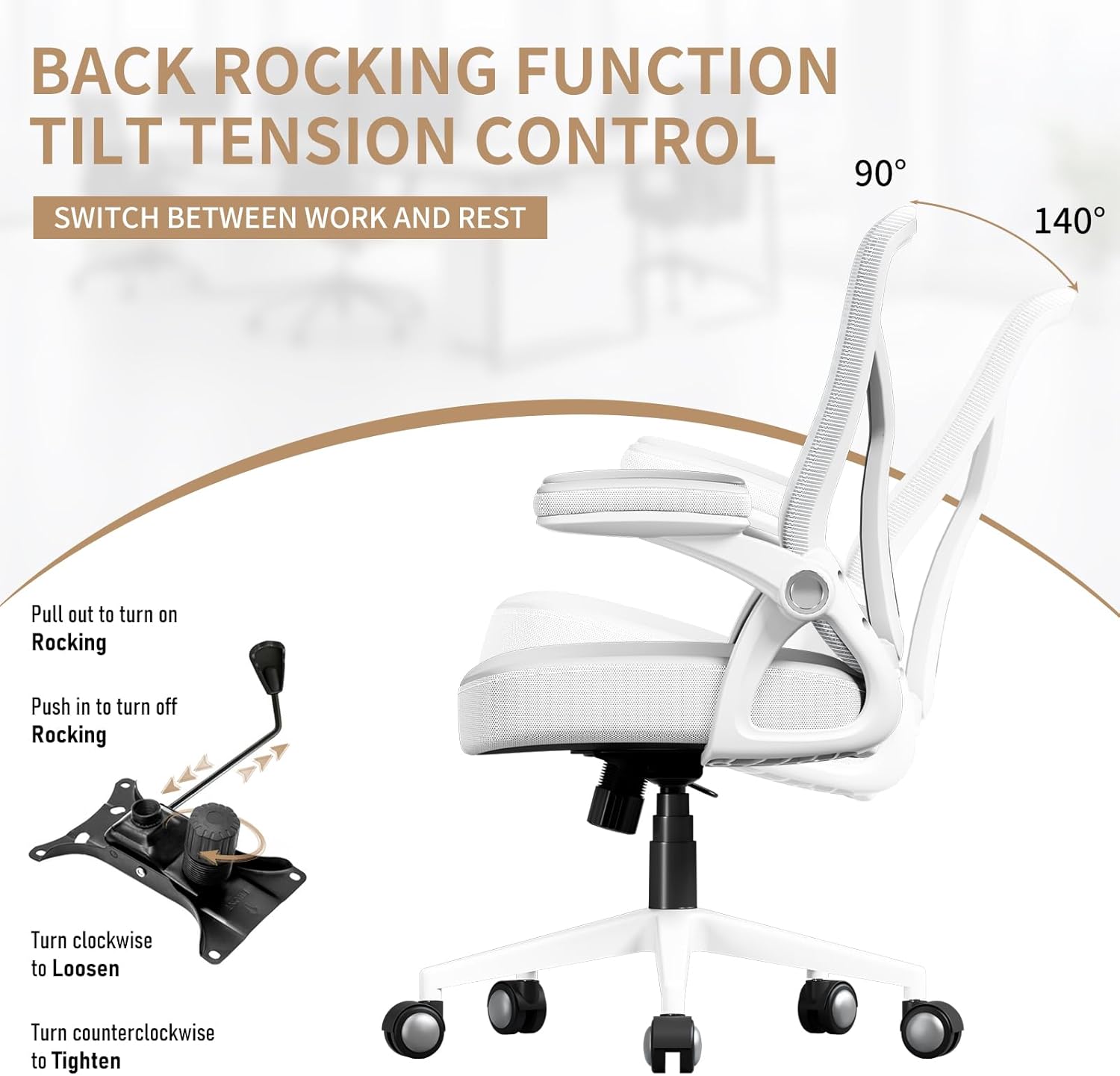 Ergonomic Office Desk Chair, PU Leather Home Office Desk Chair, Mesh Mid-Back Computer Chair, Flip-up Armrests Executive Task Chair (White)