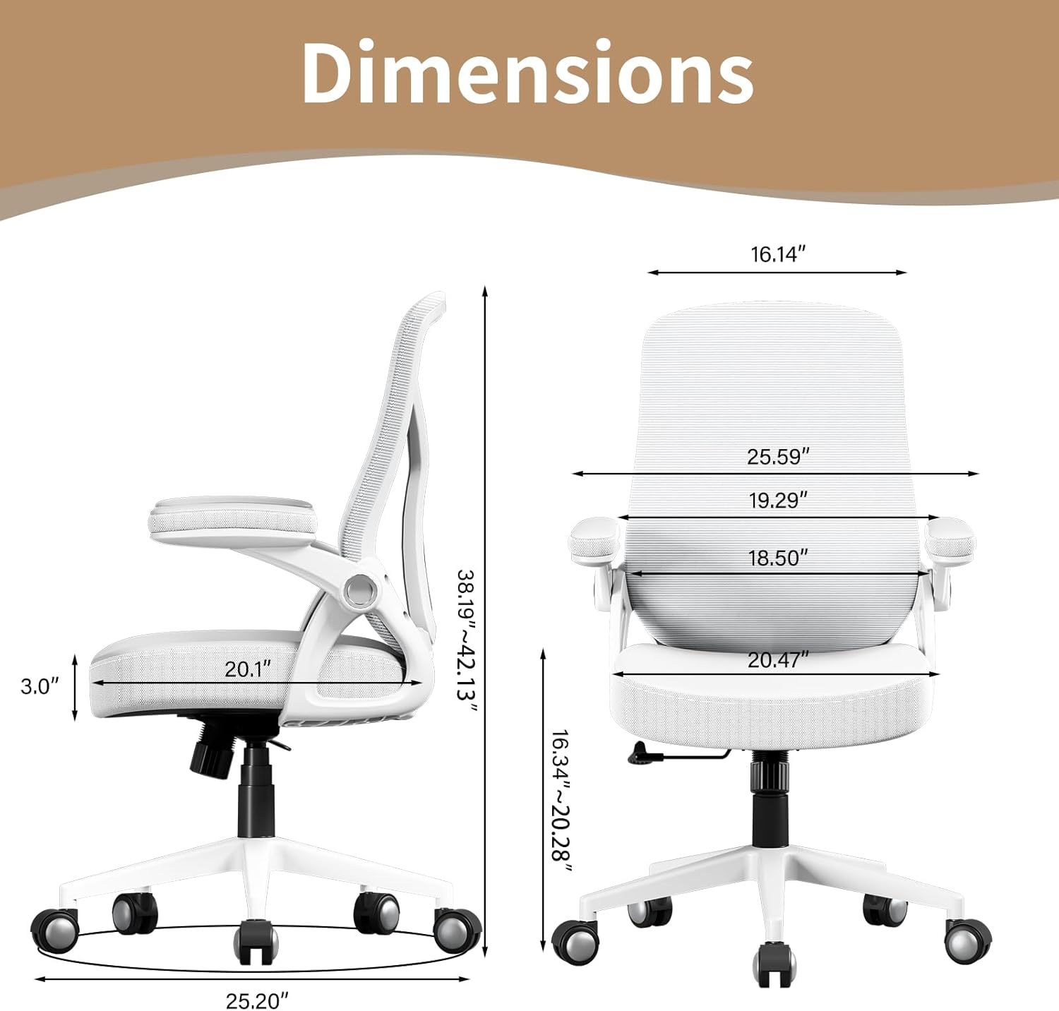 Ergonomic Office Desk Chair, PU Leather Home Office Desk Chair, Mesh Mid-Back Computer Chair, Flip-up Armrests Executive Task Chair (White)
