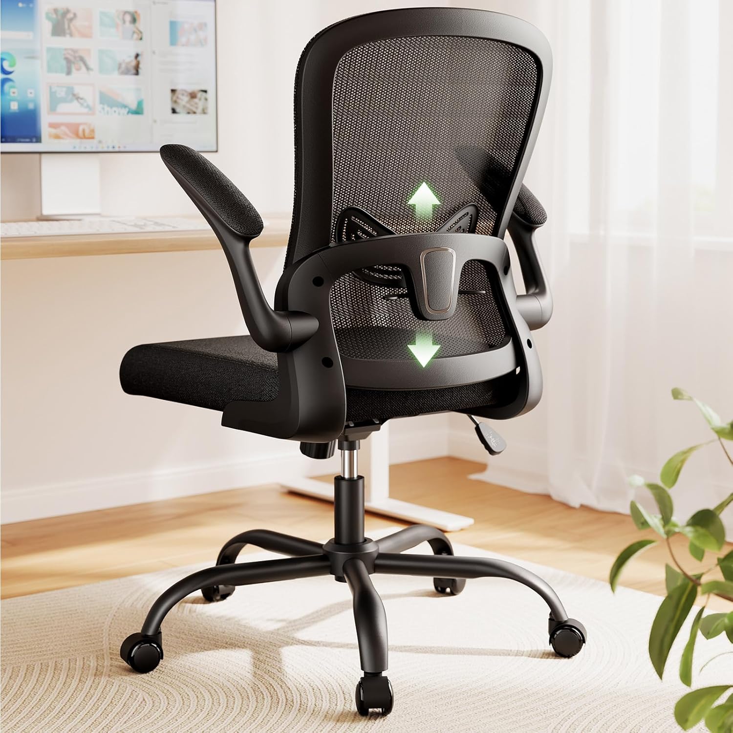Erogonomic Mesh Office Chair, Computer Desk Chair Comfy with Adjustable Lambar Support, Height and Flip-up Armrests Swivel Home Office Task Chair