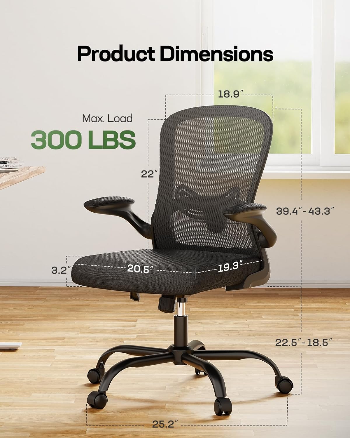 Erogonomic Mesh Office Chair, Computer Desk Chair Comfy with Adjustable Lambar Support, Height and Flip-up Armrests Swivel Home Office Task Chair