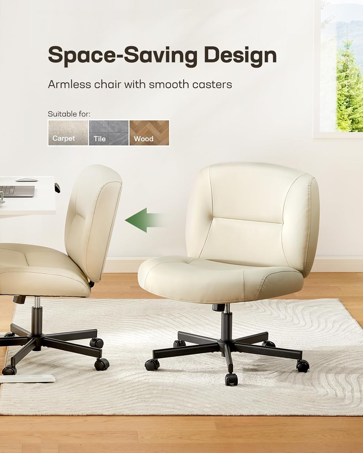 Criss Cross Chair with Wheels, Scratch-Resistant PVC Leather Cross Legged Office Chair, Wide Mid-Back Comfy Armless Desk Chair, Height Adjustable Vanity Computer Chair for Home Office