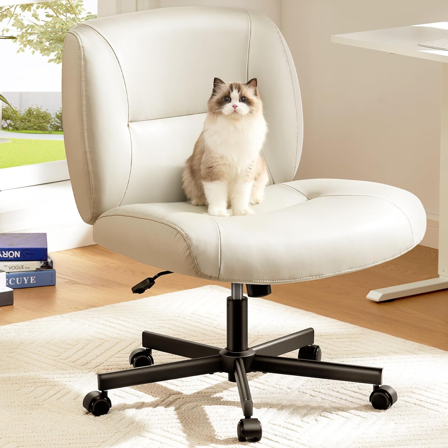Criss Cross Chair with Wheels, Scratch-Resistant PVC Leather Cross Legged Office Chair, Wide Mid-Back Comfy Armless Desk Chair, Height Adjustable Vanity Computer Chair for Home Office