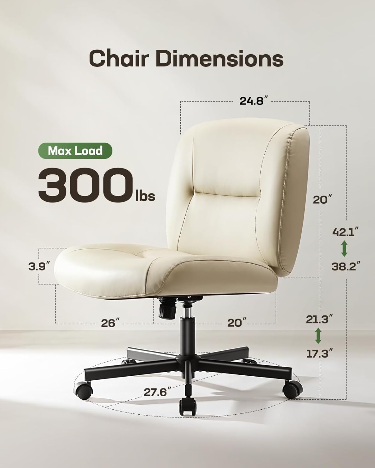 Criss Cross Chair with Wheels, Scratch-Resistant PVC Leather Cross Legged Office Chair, Wide Mid-Back Comfy Armless Desk Chair, Height Adjustable Vanity Computer Chair for Home Office