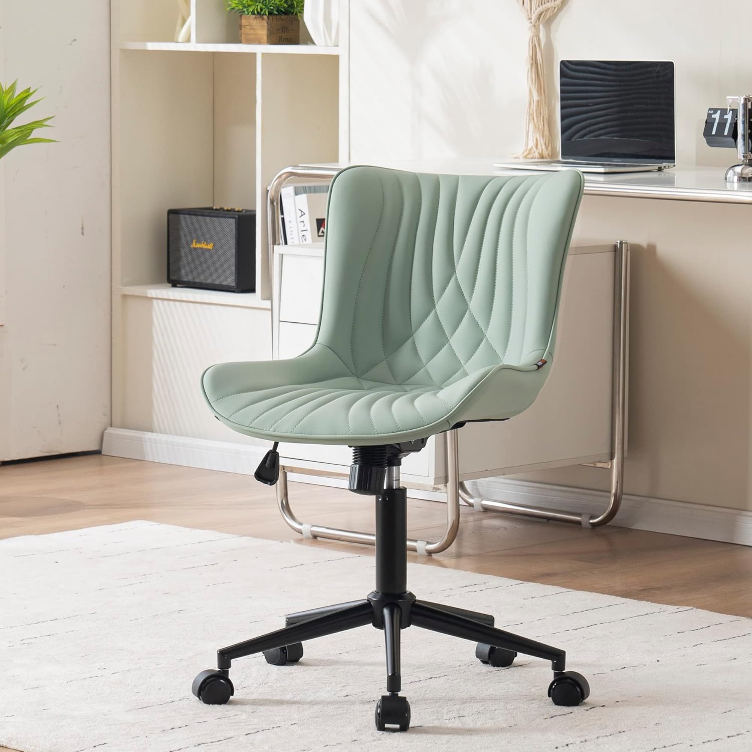 Office Chair, Armless Desk Chair with Wheels, Home Office Computer Task Chairs, Modern Faux Leather Padded Vanity Chair, Adjustable Swivel Rolling Office Chair with Back, Mint Seafoam Green