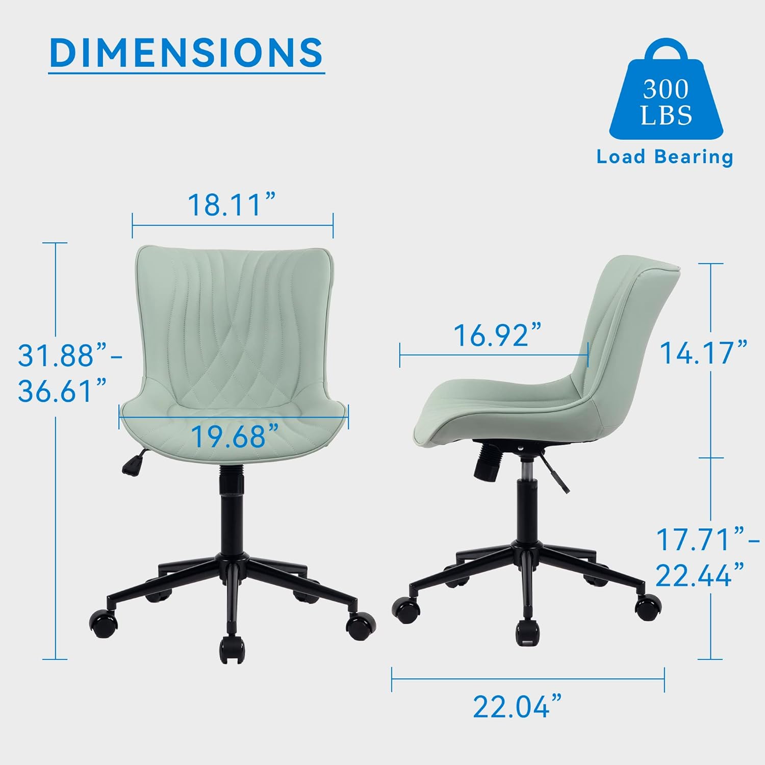 Office Chair, Armless Desk Chair with Wheels, Home Office Computer Task Chairs, Modern Faux Leather Padded Vanity Chair, Adjustable Swivel Rolling Office Chair with Back, Mint Seafoam Green