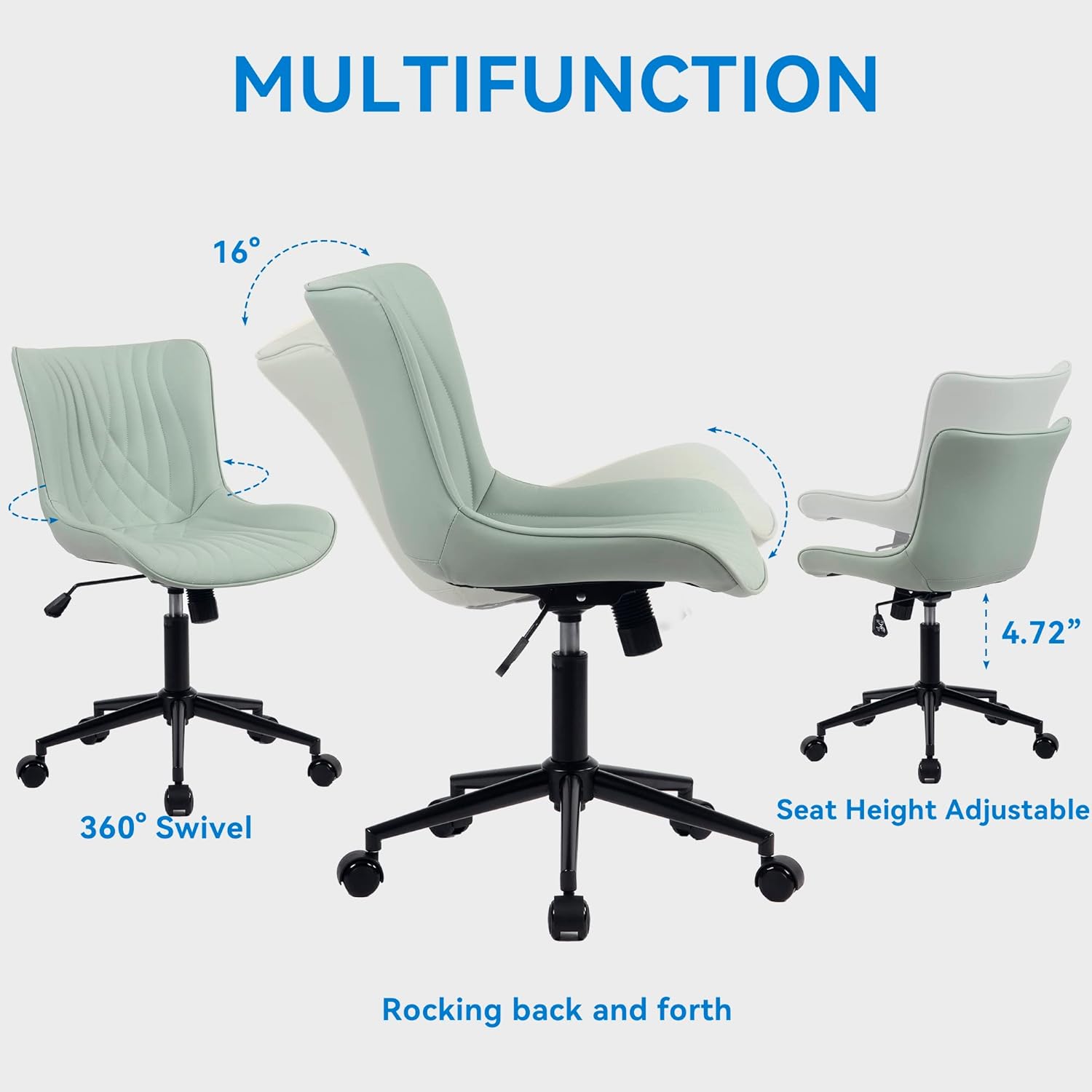 Office Chair, Armless Desk Chair with Wheels, Home Office Computer Task Chairs, Modern Faux Leather Padded Vanity Chair, Adjustable Swivel Rolling Office Chair with Back, Mint Seafoam Green