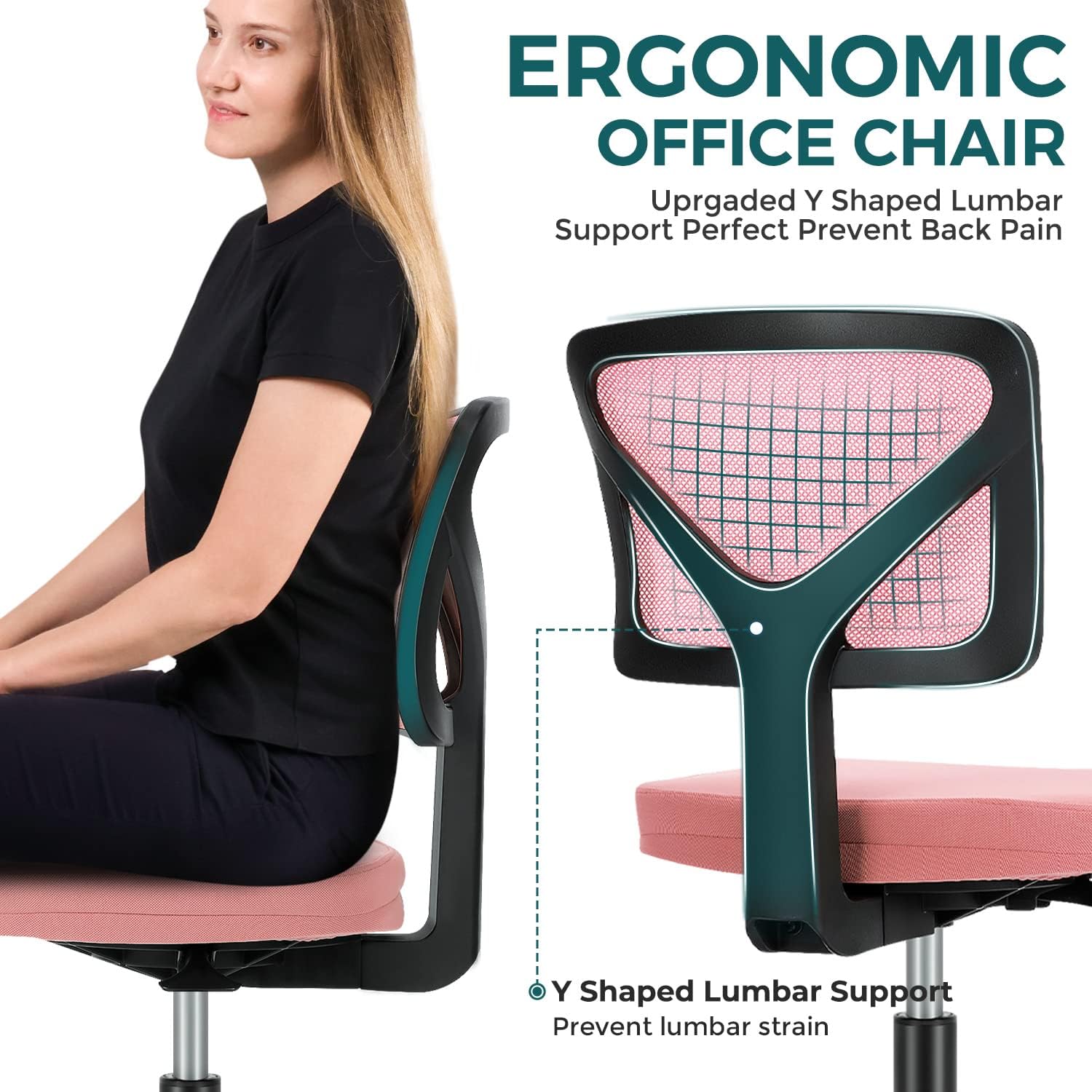 Armless Desk Chairs with Wheels, Ergonomic Adjustable Home Office Swivel Rolling Task Chair No Arms, Comfy Mesh Mid Back Computer Work