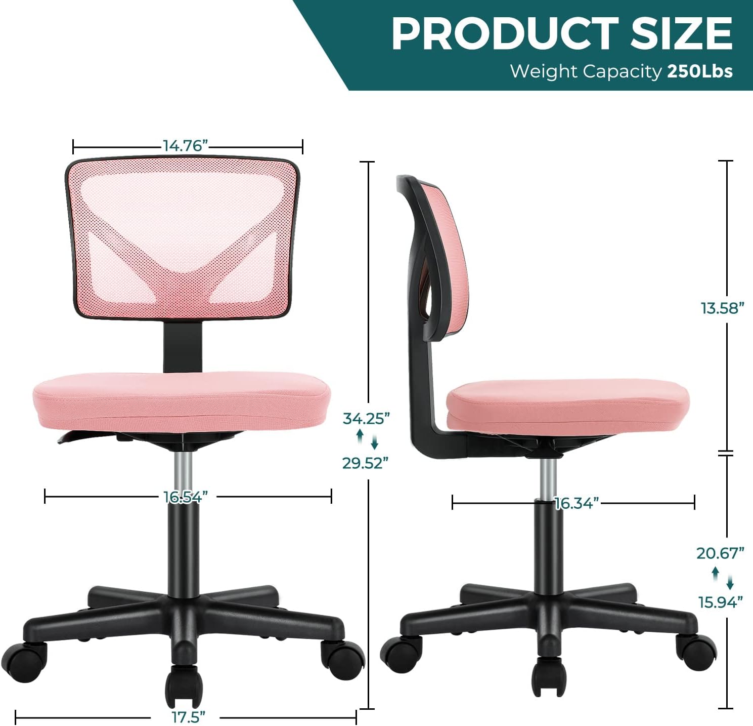 Armless Desk Chairs with Wheels, Ergonomic Adjustable Home Office Swivel Rolling Task Chair No Arms, Comfy Mesh Mid Back Computer Work