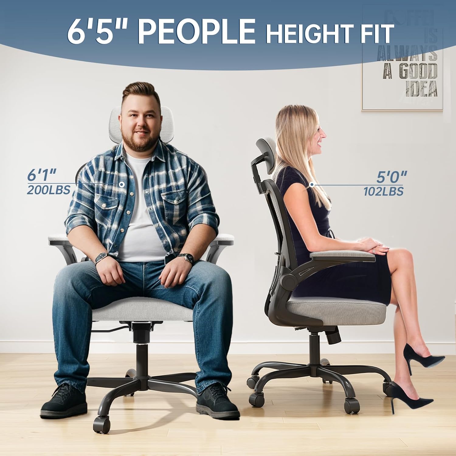 Ergonomic Office Chair Big and Tall, 350LBS Capacity, 6'5" Tall Max, Home High Back Desk Chair for Long Hours Comfortable, Adjustable Headrest, Lumbar Support, Flip-up Arm and PU Wheels, Light Gray