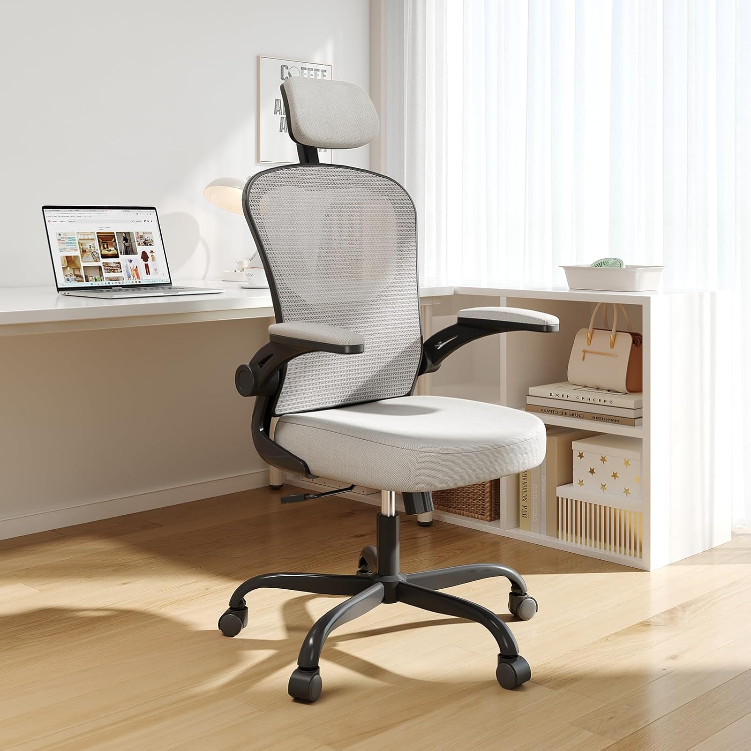 Ergonomic Office Chair Big and Tall, 350LBS Capacity, 6'5" Tall Max, Home High Back Desk Chair for Long Hours Comfortable, Adjustable Headrest, Lumbar Support, Flip-up Arm and PU Wheels, Light Gray