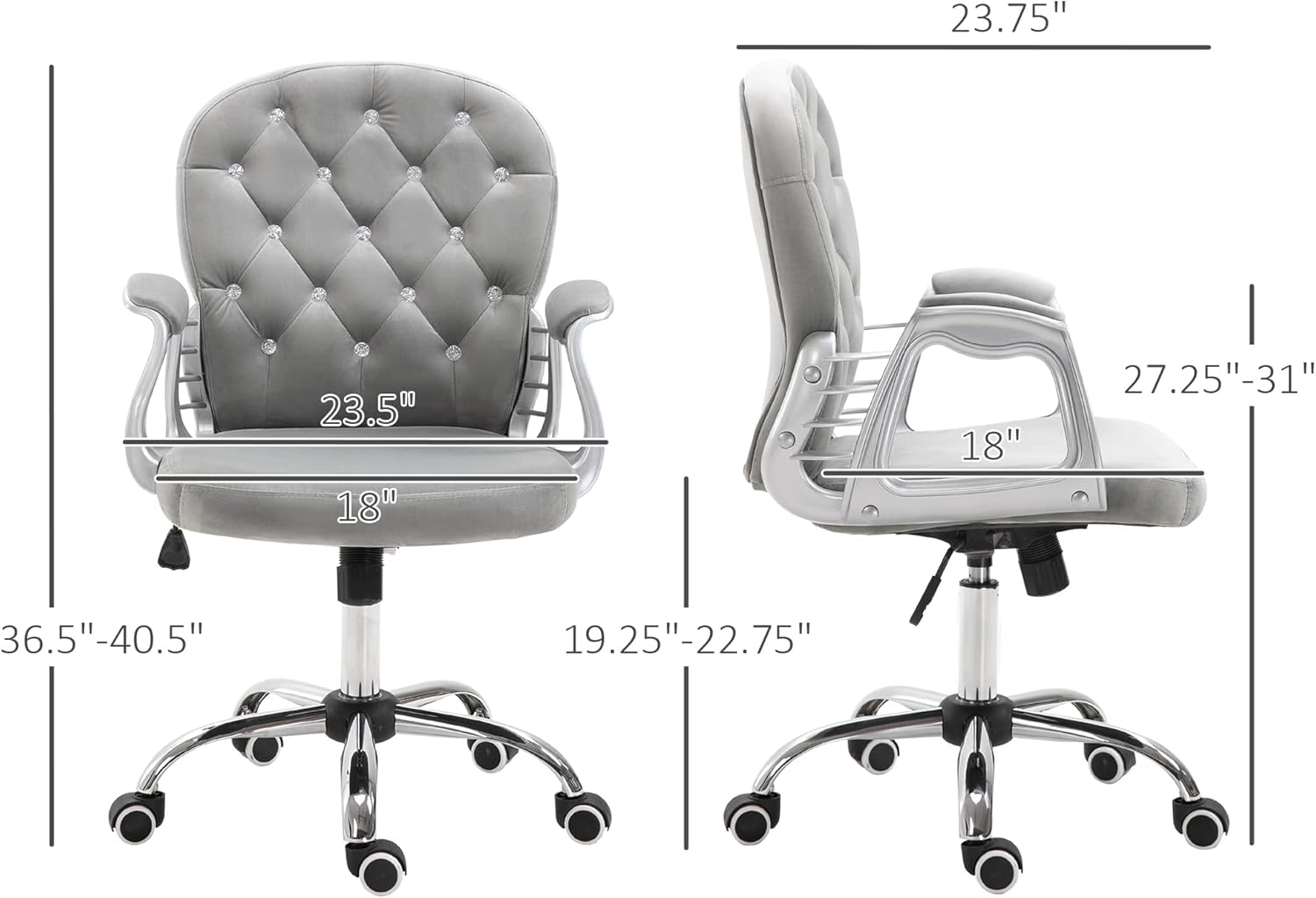 Velvet Home Office Chair, Button Tufted Desk Chair with Padded Armrests, Adjustable Height and Swivel Wheels, Gray