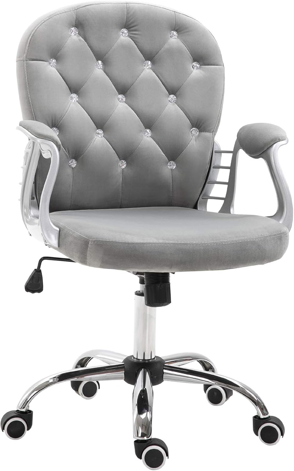 Velvet Home Office Chair, Button Tufted Desk Chair with Padded Armrests, Adjustable Height and Swivel Wheels, Gray