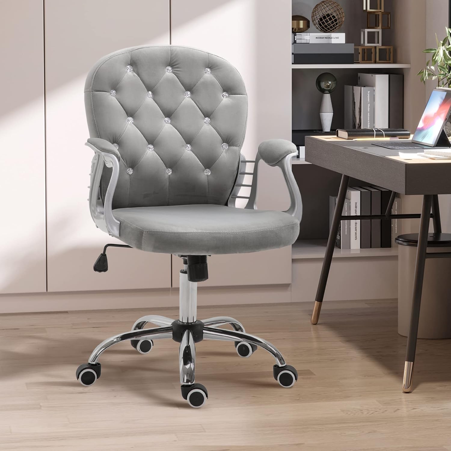 Velvet Home Office Chair, Button Tufted Desk Chair with Padded Armrests, Adjustable Height and Swivel Wheels, Gray