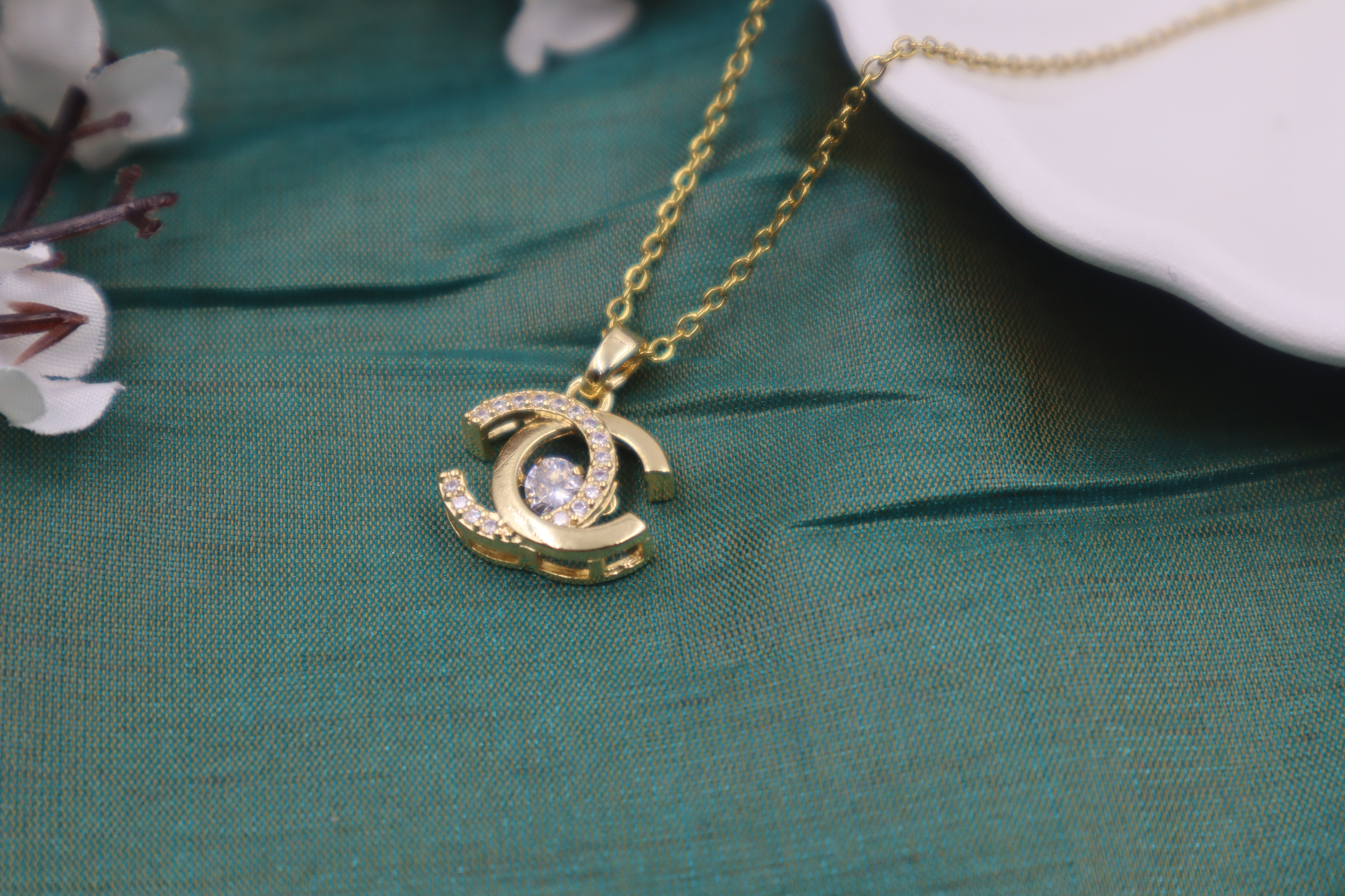 Anti-Tarnish Gold Plated Crystal Chanel Logo Pendant Necklace