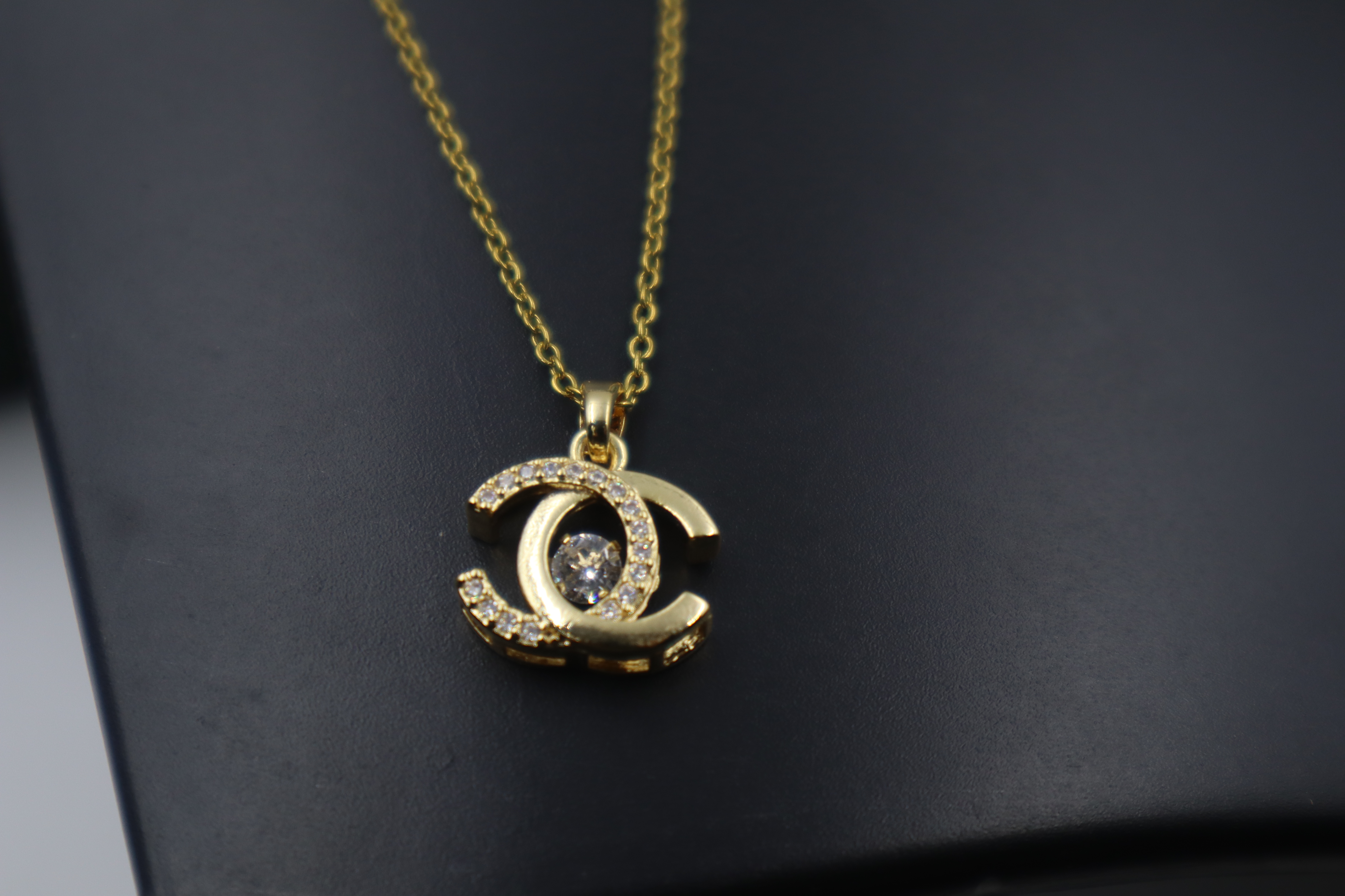 Anti-Tarnish Gold Plated Crystal Chanel Logo Pendant Necklace