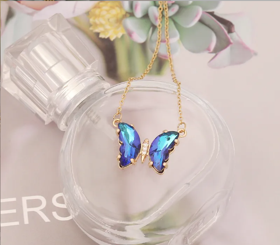 Gold Plated Stainless Steel Love Charm Glass Crystal Blue Butterfly Pendant Necklace Chain