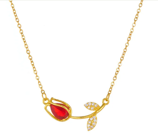Gold Toned Stylish Simple Zircon Tulip Pendant Necklace